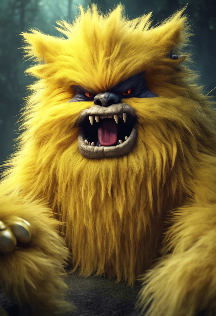 furry monster, realistic, golden, cute, angry, fluffy, yellow, spring, forest