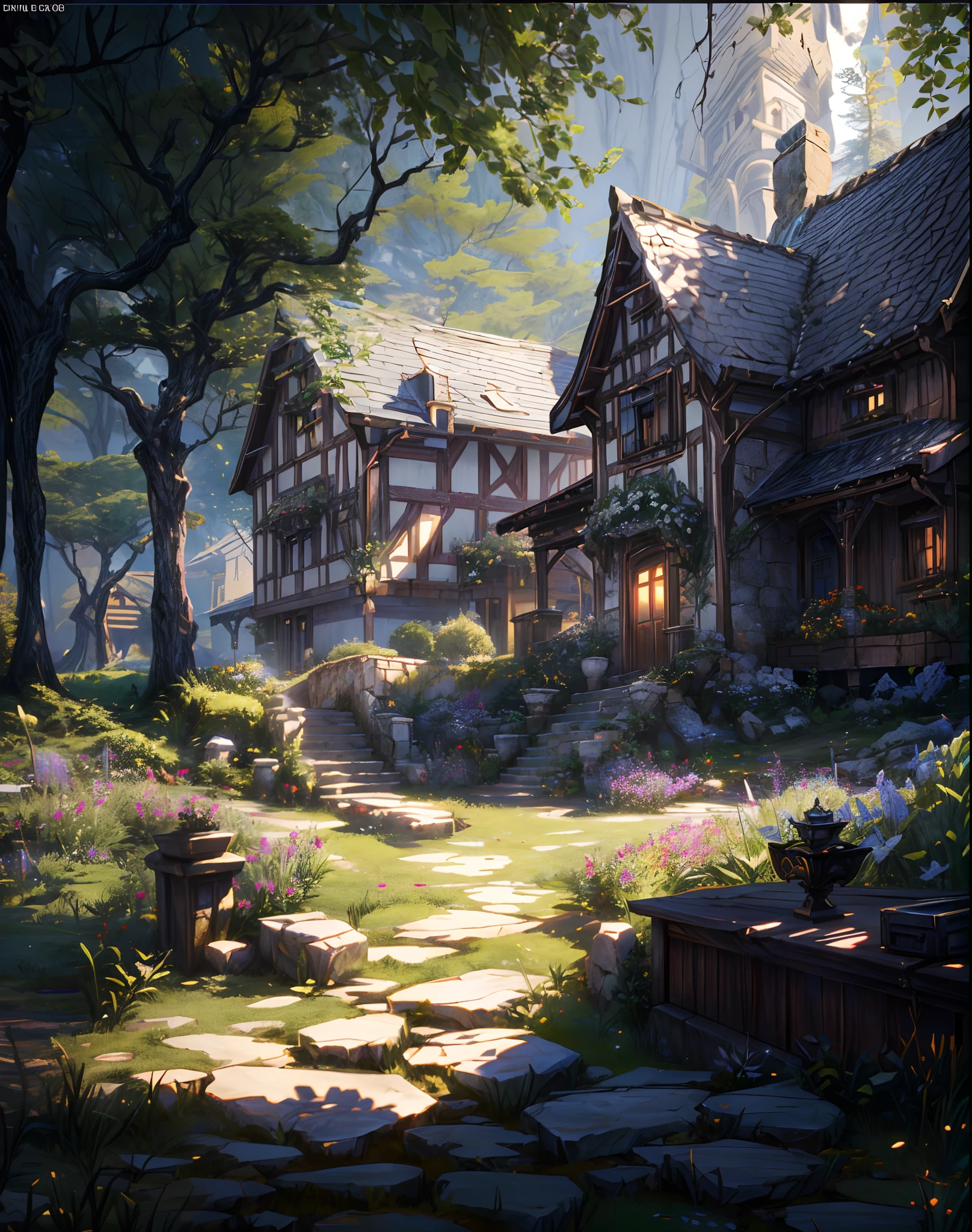 there is a small house in the middle of a garden, unreal engine fantasy art, villages , unreal engine, beautiful render of a fairytale, unreal engine render concept art, realistic fantasy render, unreal engine ; romantic theme, fantasy style 8 k octane render, unreal engine style, medeival fantasy town, unreal engine screenshot, inspired by senior environment artist