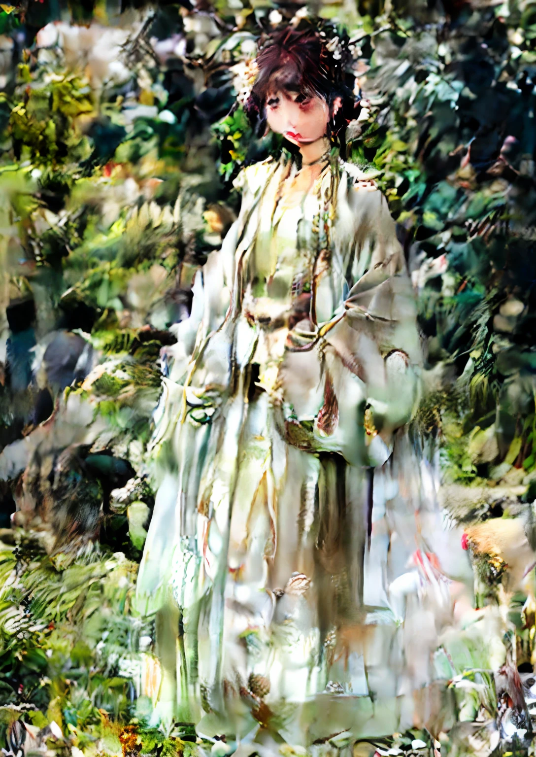 a close up of a woman standing in a yard near a tree, by Riza Abbasi, wearing a silk kurta, inspired by Ambreen Butt, wearing a kurta, by Ambreen Butt, inspired by Riza Abbasi, kyza saleem, front side full, from side, on a sunny day, front side, on a bright day