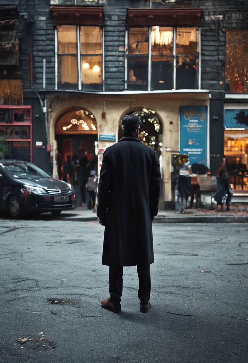 photography, close up shot, back view, jon, in his thirties, black hair, dark brown eyes melancholic gaze, beard unshaven, nose was straight, fair skin, strong jawlines, wears a elegant long woollen black jacket, walking in a street full of people at night time, bright city lights around him, sharp focus, Incredibly hyper-detailed and intricately realistic, kodak portra 400