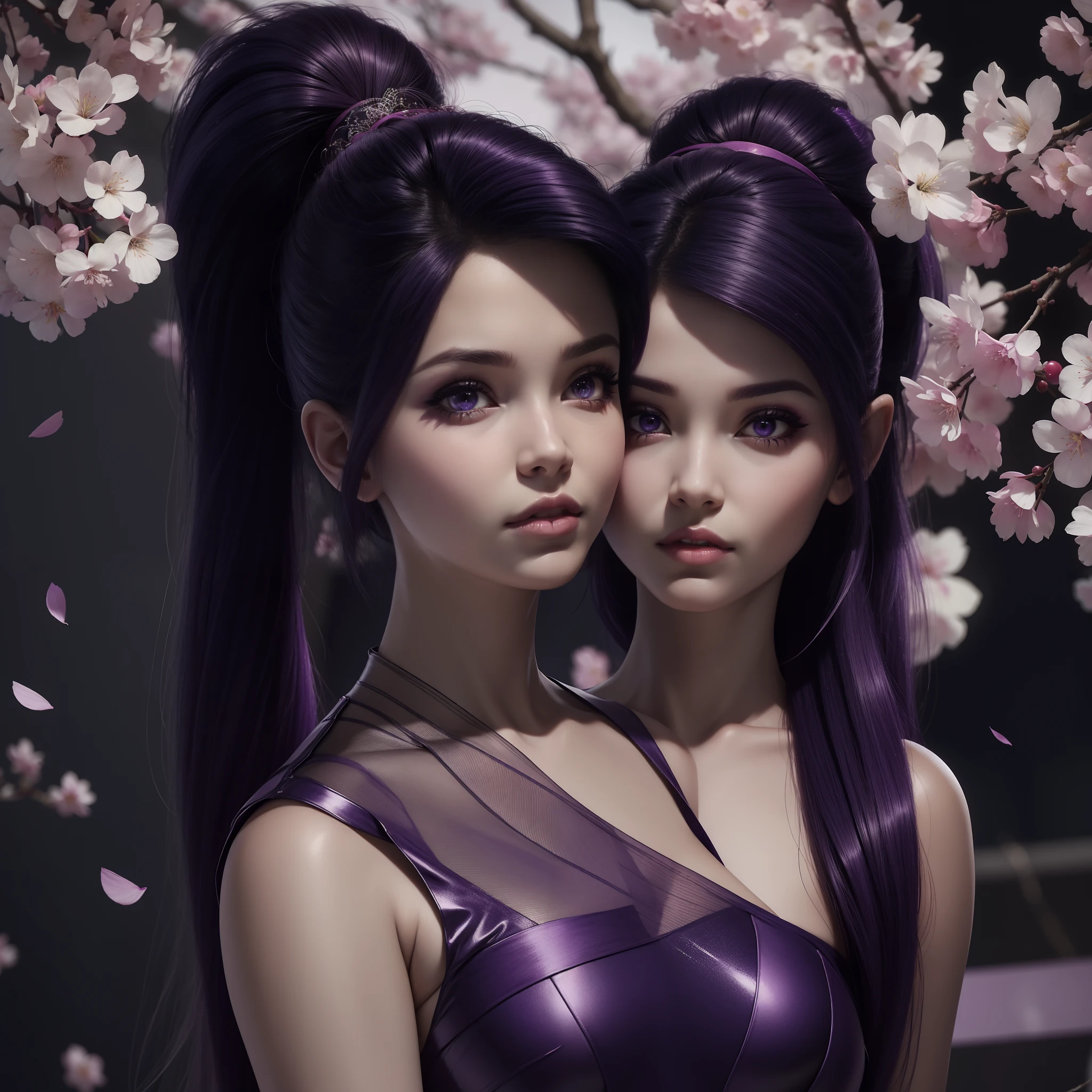 Vidia beautiful purple hair ponytail on neon background purple eyes with transparent dress ultra detailed very realistic high definition with bare shoulders cherry blossom everywhere cherry blossoms surround her