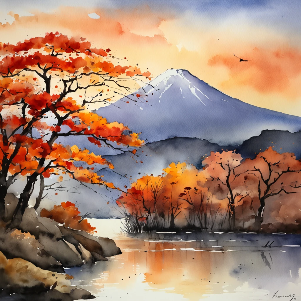 "Sunset in Japan, paisaje impresionista, with soft touches of warm colors, reflecting in the calm water. Silhouettes of trees dancing on the horizon, creando una escena tranquila y pintoresca."