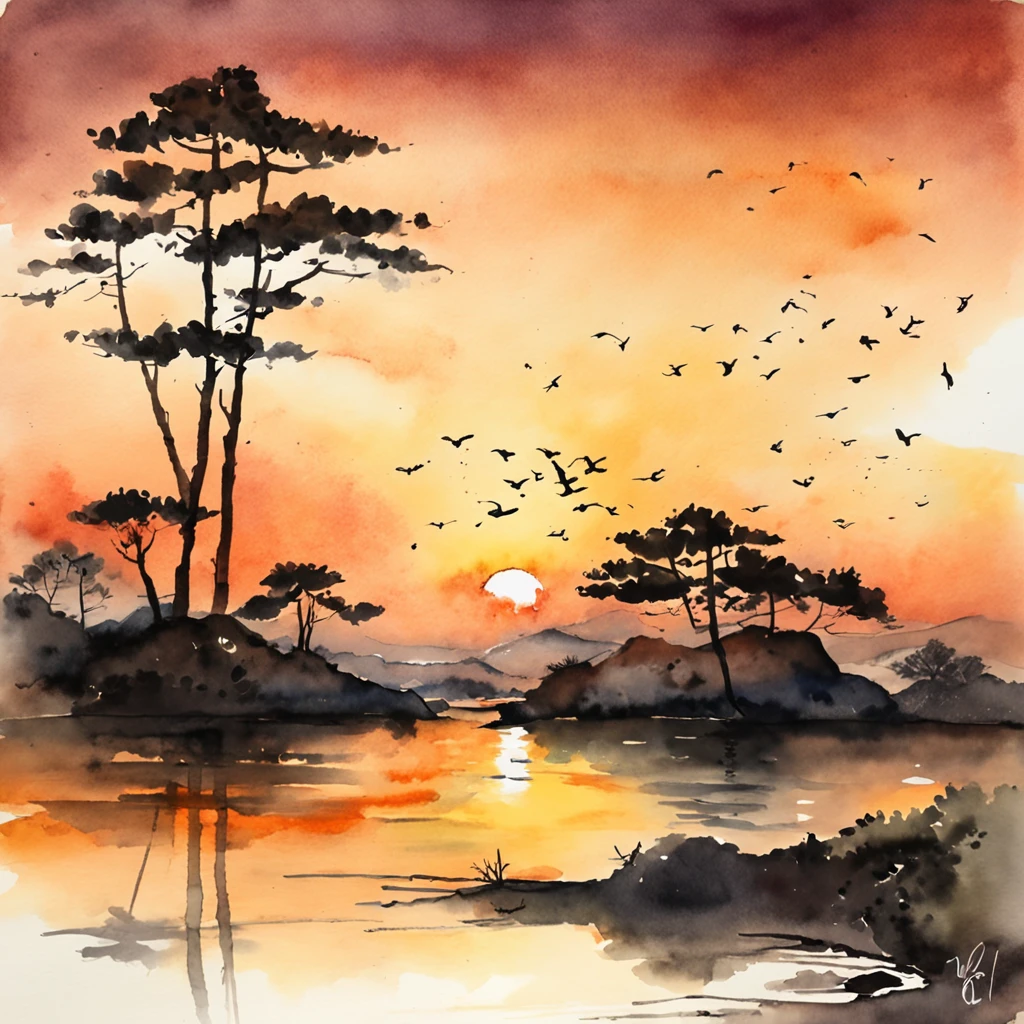 "Sunset in Japan, paisaje impresionista, with soft touches of warm colors, reflecting in the calm water. Silhouettes of trees dancing on the horizon, creando una escena tranquila y pintoresca."