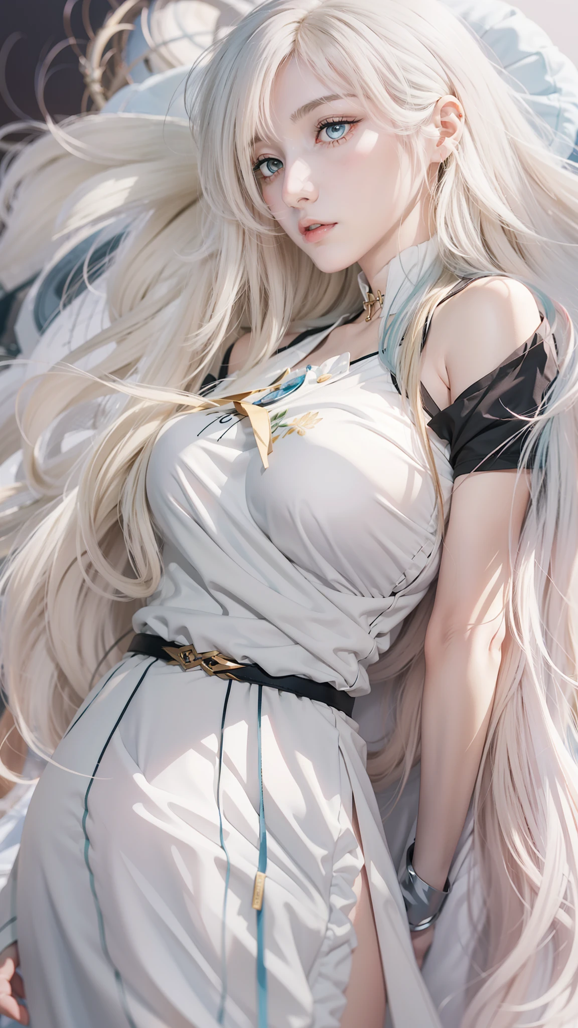 Blonde haired girl，Long white hair posing for photos, an anime drawing by Yang J, Pisif, Digital art, Girl with white hair, Photorealistic anime, Perfect white haired girl, Guviz, a beautiful anime portrait, Stunning anime face portrait, Guviz-style artwork, hyper realistic anime, long  white hair, with long white hair，Super big breasts，exposed。