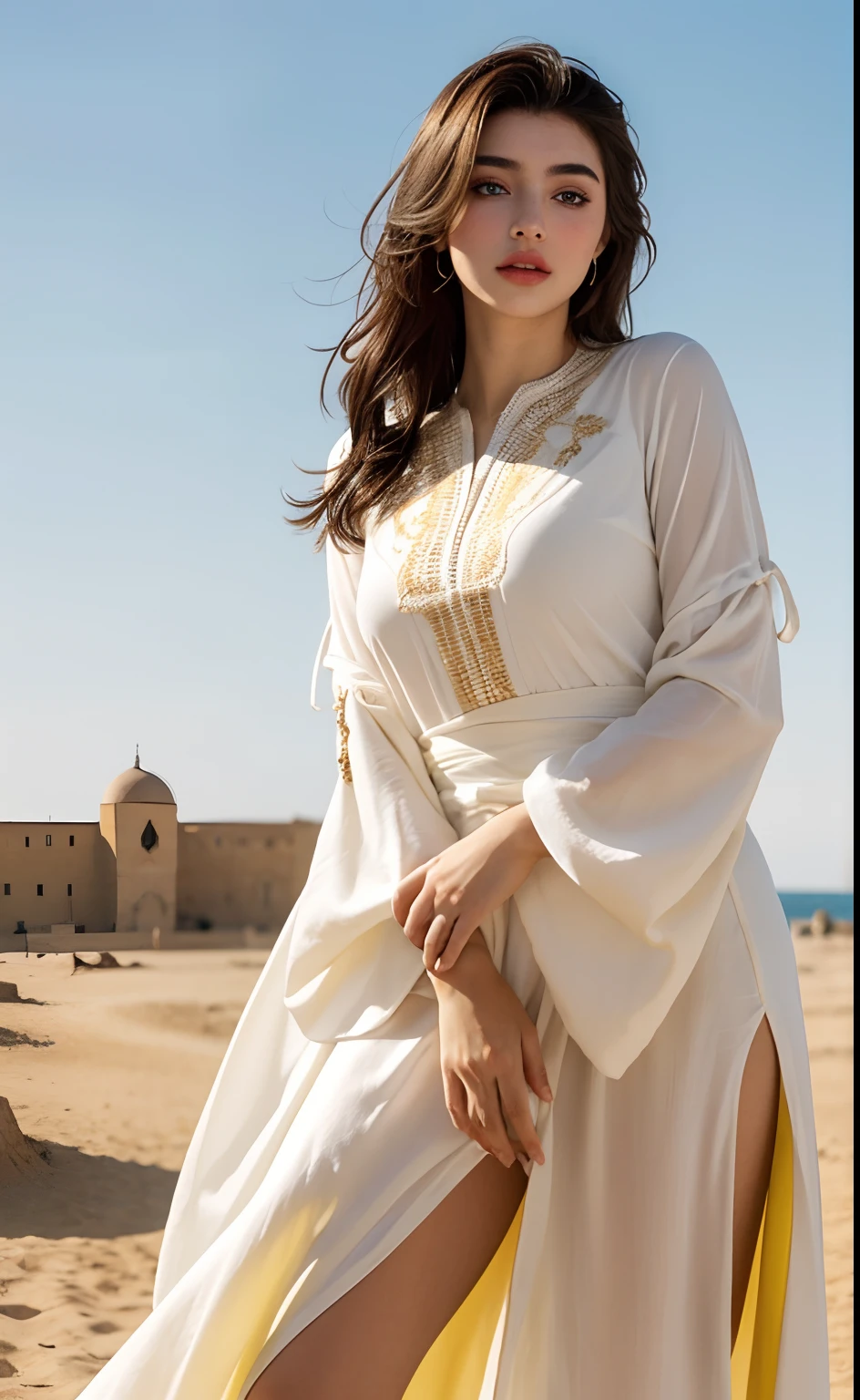 Realstic, 8k, 1girl very beautiful European beauty, longs cheveux blancs en queue de cheval, , heterochromic eyes, moles under the eyes, thick eyebrows, The caftan color yellow and red hyper realistic super detailed Moroccan covers all its body different poses of different design