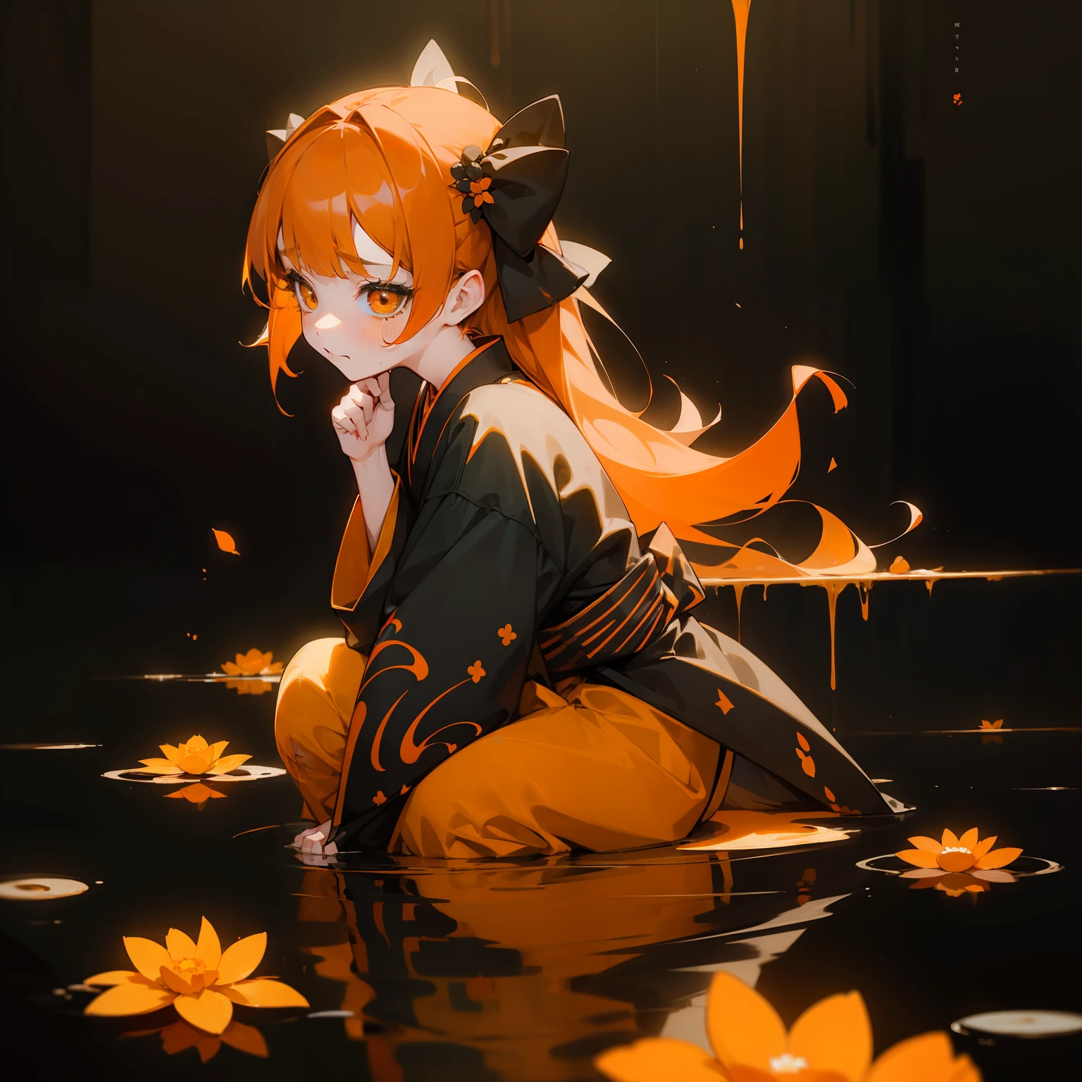 (Beautifully Aesthetic:1.2)、(1girl in:1.3)、(Black and orange colorful hair:1.2)、Orange and black kimono、Fantastical、wretched、Orange and yellow marigolds are blooming、natta、Sad face、