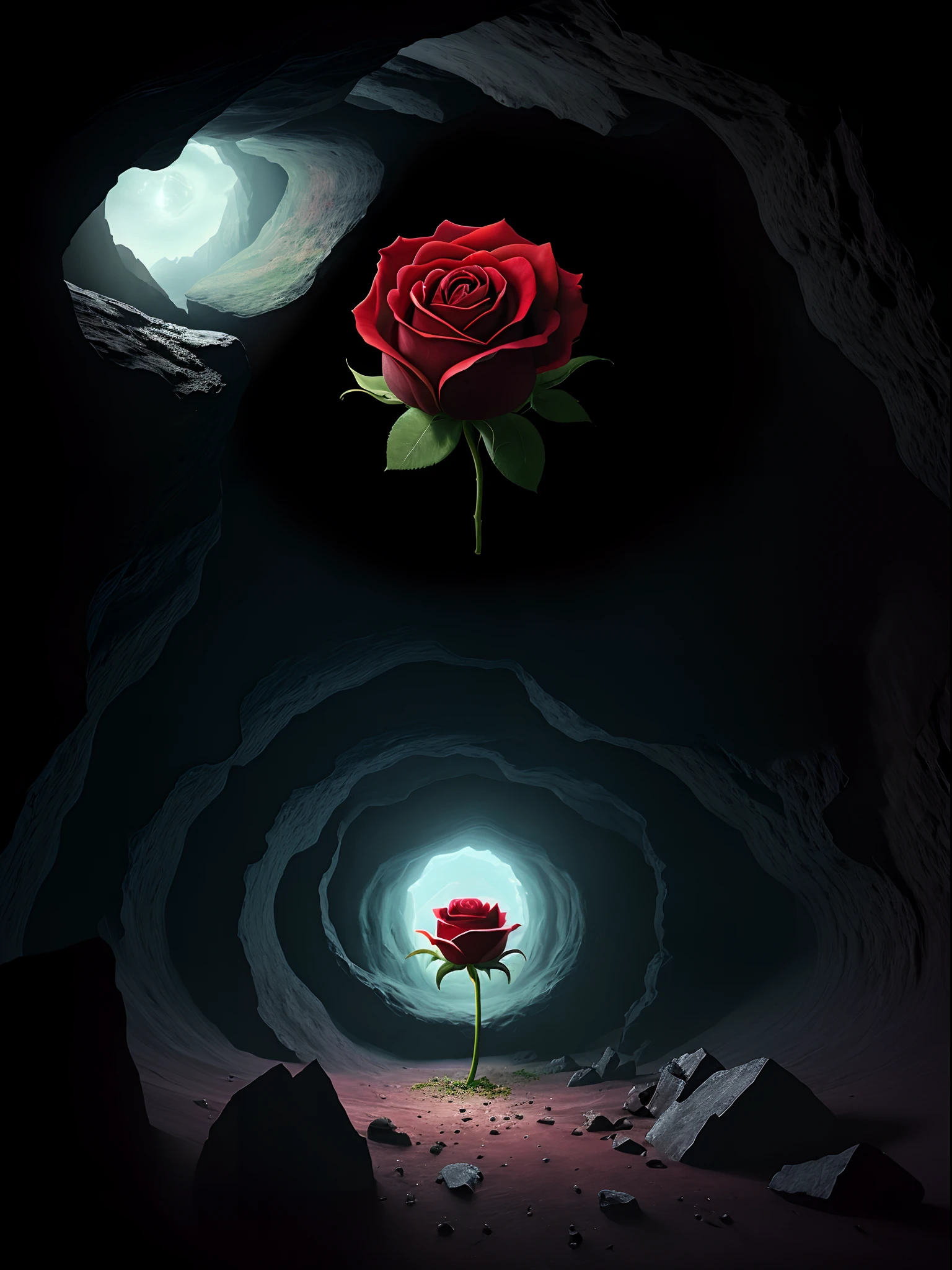 A giant rose in the middle of a cave, in the middle of a broken dimension of time