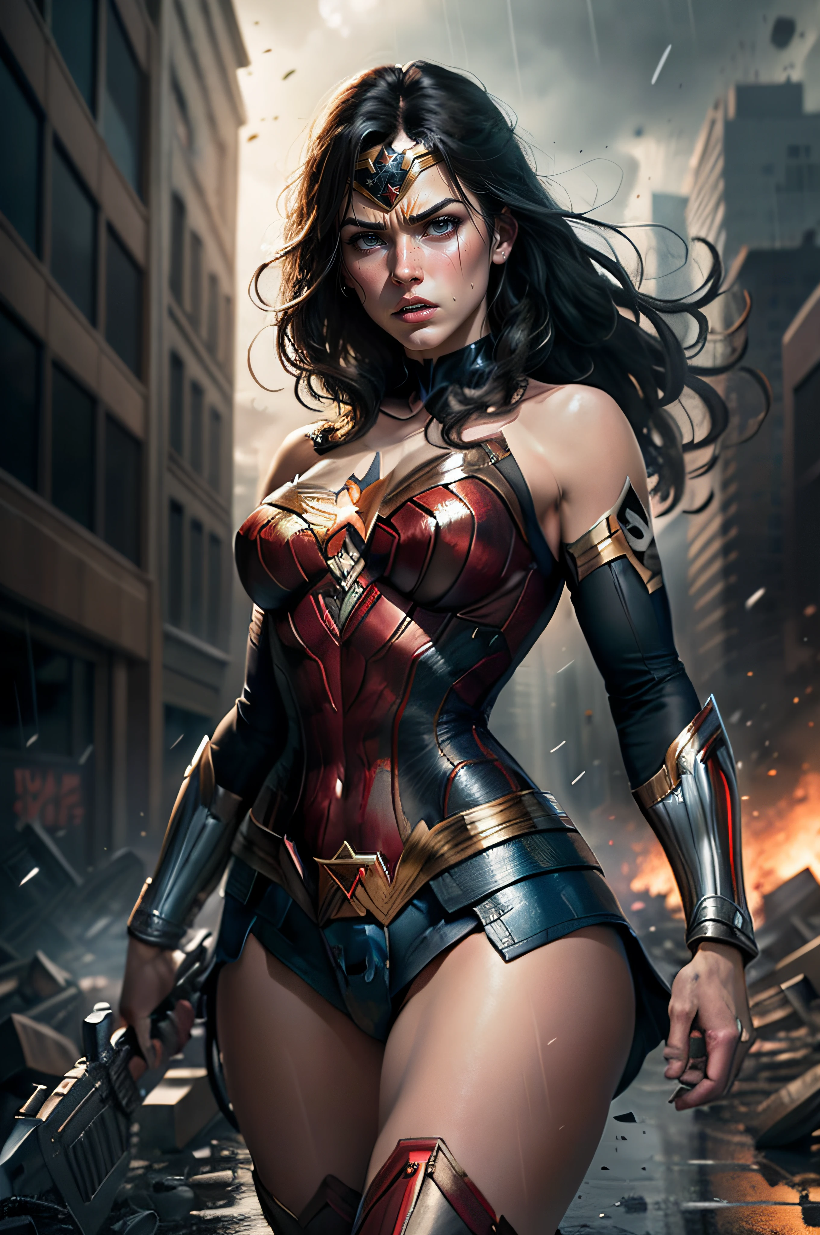Drawing inspiration modern comic artists lee bermejo, WONDERWOMAN angry expression, nostalgia, destroyed city streets, rain,explosion, broken glass,dust. while emphasizing elements of deep digital painting layers,soft ambient lighting, vibrant colors,,illustrationsdxlNijiV3_sdxlNijiV3