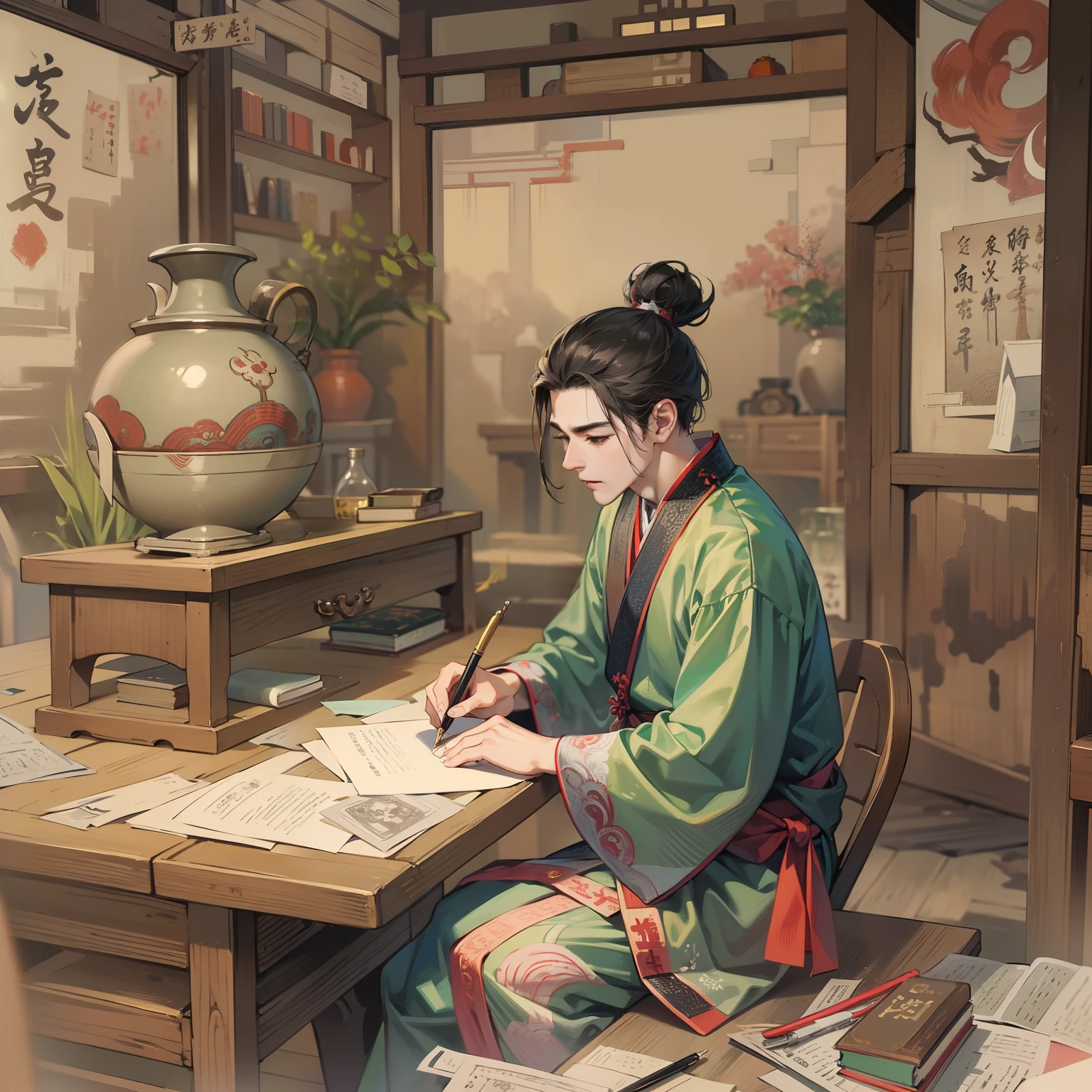 （A young man traditional attire writing haiku on his desk）
（A dilapidated Taoist temple）, aesthetic, ultra-detailed,  high quality