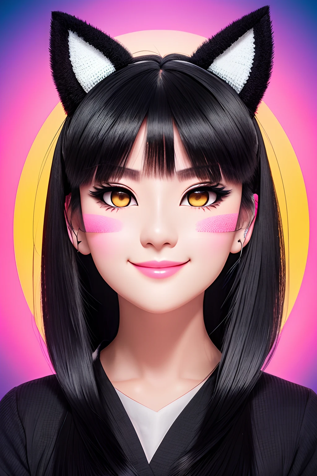 black hair, hair bobbles, wince, longeyelashes, solid circle eyes, fake animal ears, light smile, ear blush, fang, Surrealism, drop shadow, anaglyph, stereogram, tachi-e, pov, atmospheric perspective, 8k, super detail, ccurate, best quality --auto