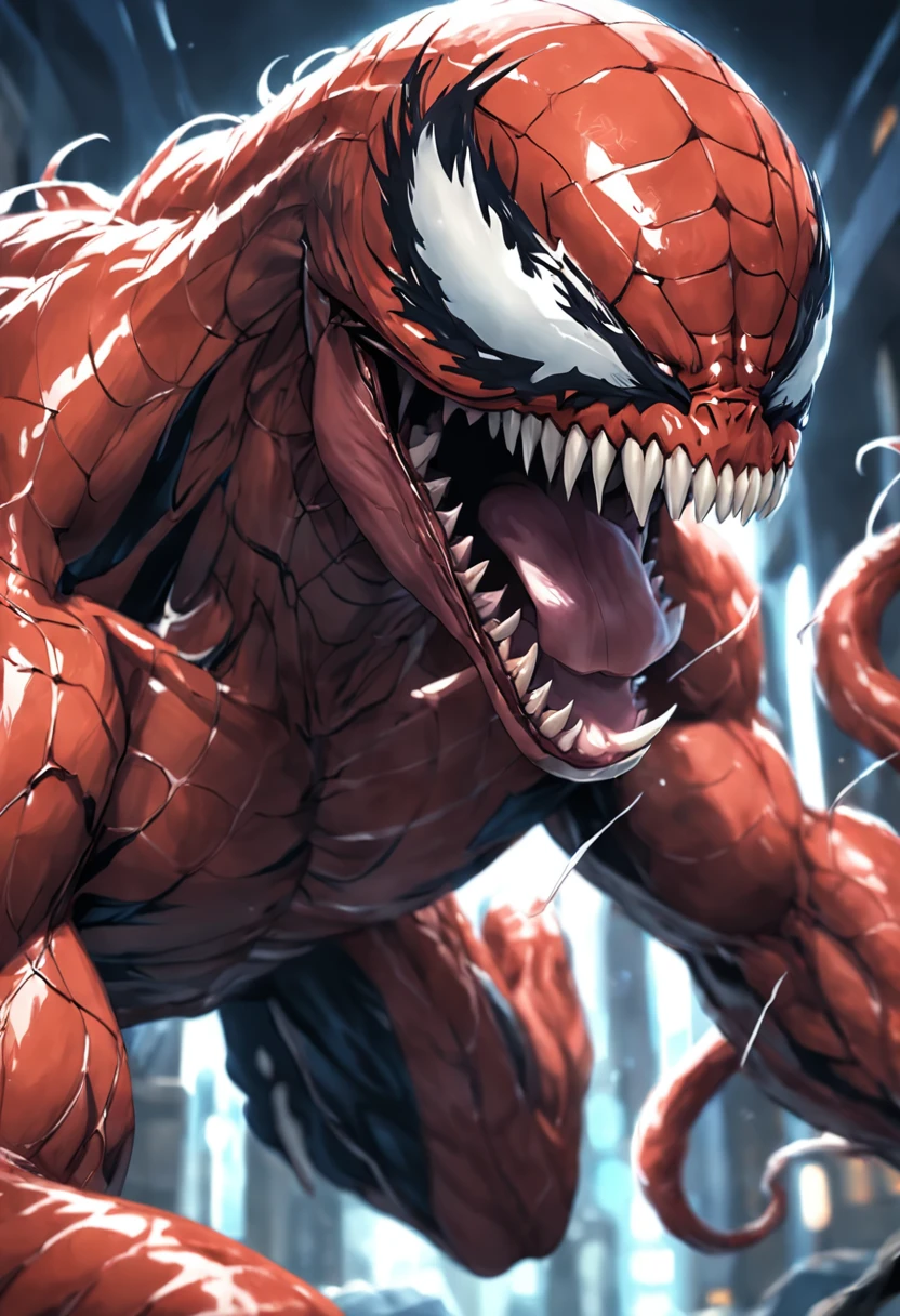 Roaring venom and host,Marvel Venom,Full body like,Close-up,of a real,Facial features are carefully depicted,Realistic skin texture,Dark style,depth of fields,high light,Real light,Ray traching,oc rendered,Hyper-realistic,best qualtiy,8K,Works of masters,super-fine,Detailed pubic hair,Correct anatomy,sharp focus on eyes,Bokeh,Facial features are carefully depicted