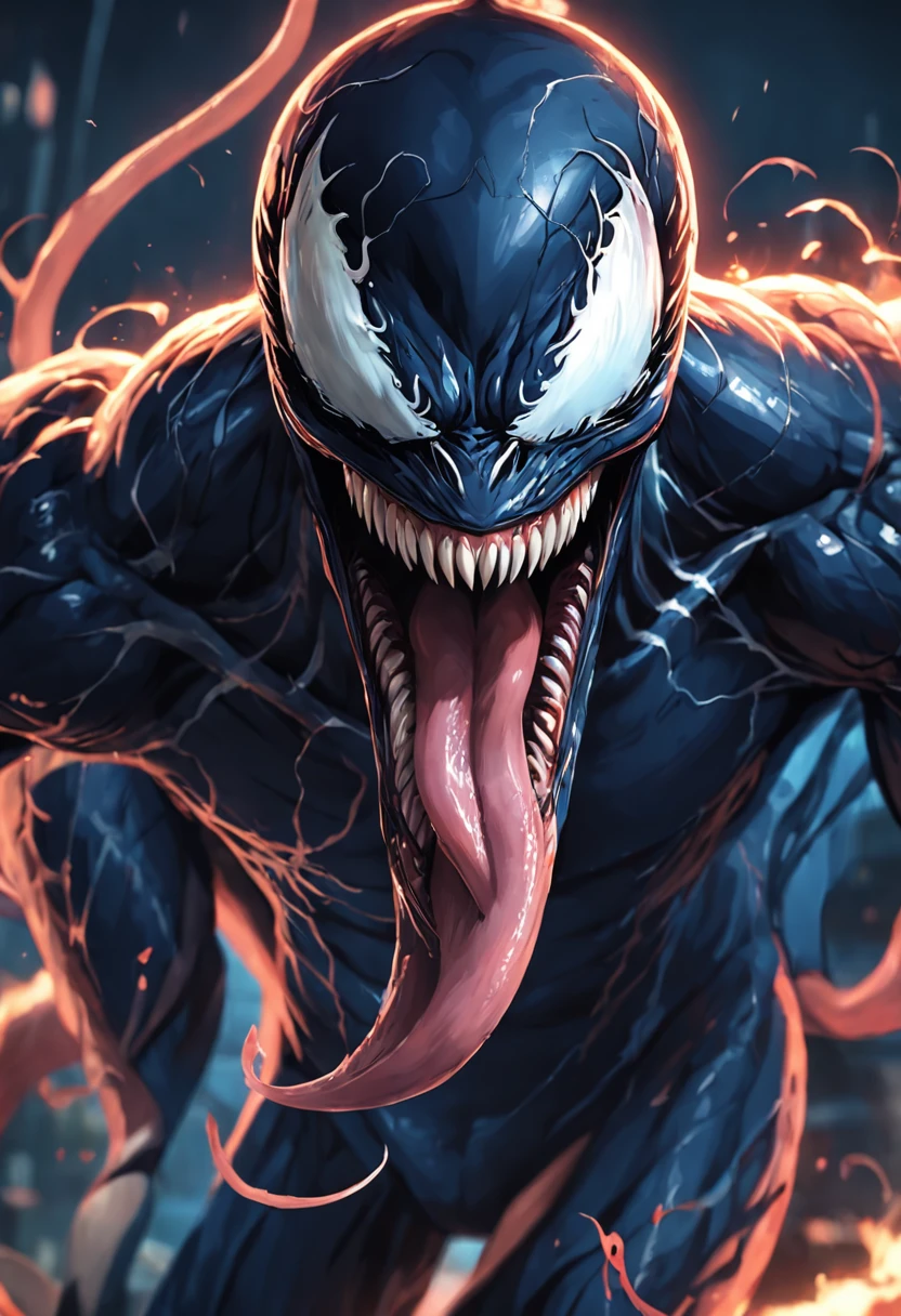 Roaring venom and host,Marvel Venom,Full body like,Close-up,of a real,Facial features are carefully depicted,Realistic skin texture,Dark style,depth of fields,high light,Real light,Ray traching,oc rendered,Hyper-realistic,best qualtiy,8K,Works of masters,super-fine,Detailed pubic hair,Correct anatomy,sharp focus on eyes,Bokeh,Facial features are carefully depicted