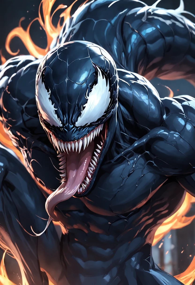 Roaring venom and host,Marvel Venom,Full body like,Close-up,of a real,Facial features are carefully depicted,Realistic skin texture,Dark style,depth of fields,high light,Real light,Ray traching,oc rendered,Hyper-realistic,best qualtiy,8K,Works of masters,super-fine,Detailed pubic hair,Correct anatomy,sharp focus on eyes,Bokeh,Facial features are carefully depicted