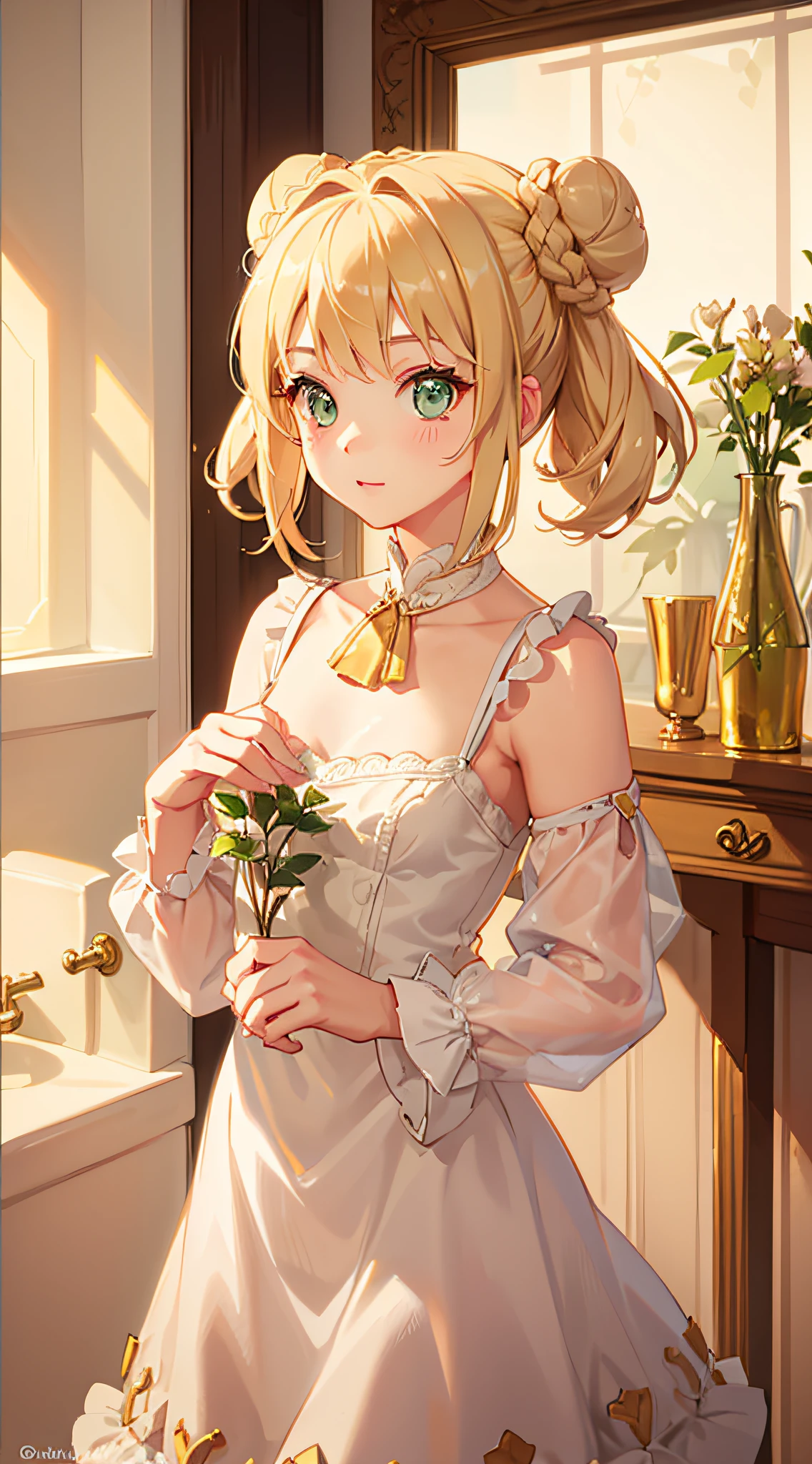 Beautiful , blonde hair, green eyes, perfect face, cutest, bun hairstyle, details, 8k, high resolution, high quality