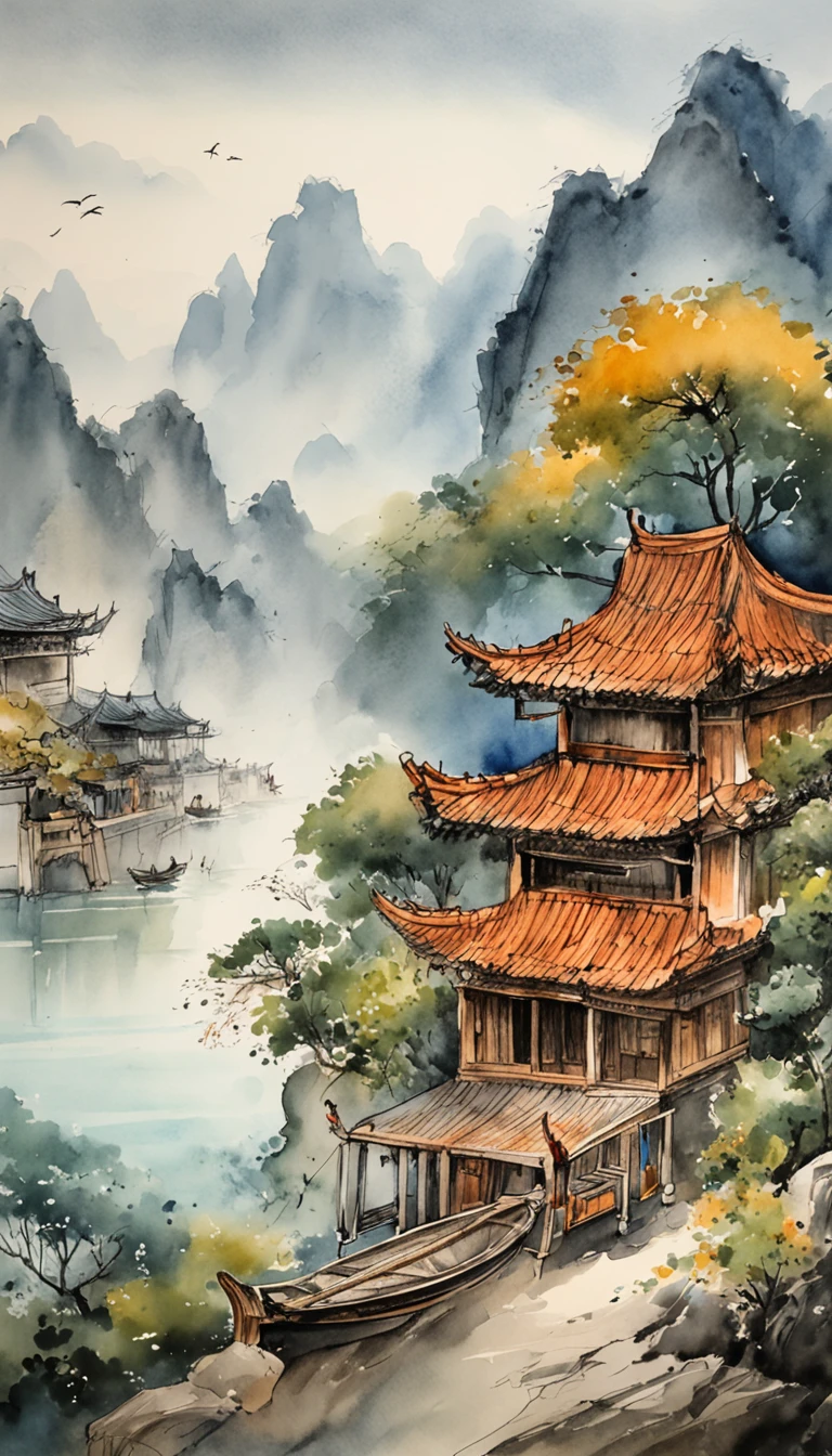 the forbidden city,Chinese landscape painting,ink and watercolor painting,water ink,ink,Smudge,Meticulous,water ink,Smudge,Meticulous,Smudge,low-saturation,Low contrast,Beautifully depicted,A detailed,acurate,Works of masters,tmasterpiece
