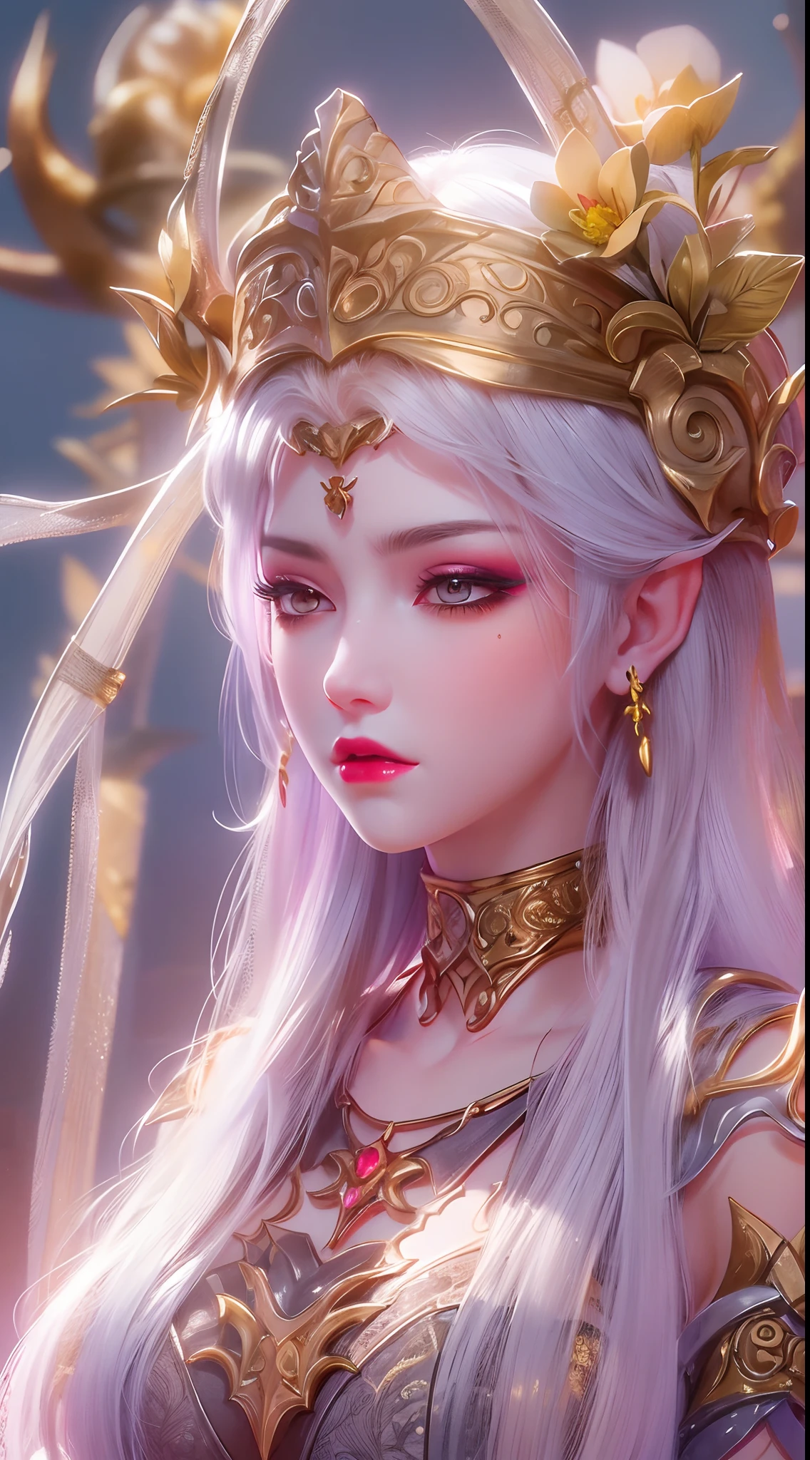 1 20 year old girl, 1 goddess Athena, pink purple silk dress, beautiful goddess Athena face without blemishes, delicate yellow nightgown, long thin sequin nightgown with many sexy black lace details, 1 beautiful thin red silk cloth half veil, female saint legend, female saint icon, beautiful goddess style glitter, dark and mysterious version, vermilion lips, plump red lips, not smiling, mouth closed, delicate and beautiful pino detailing, delicate and beautiful lip detail, , (pure and flawless face: 1.9), female saint body, round chest, big and round breasts, phoenix brooch, long flat bangs, (7-color rainbow hair: 1.9), flower stickers tattoo on forehead, beautiful clear face and well-proportioned eyes, (transparent yellow eyes: 1.8), (big round eyes and makeup, sexy wet eye makeup, very beautiful and meticulous hair makeup, long and delicate blonde hair, delicate, body image: 1.8), figure: and vivid, (stars that make up the sky: 1.7), (the sky of heaven and the fictitious gate of time and space: 1.8), fictional art, RAW photos, hanfu photos, best photos, high resolution, best quality, best photos, best goddess quality, 8k female, super 8 single saint portraits, truest color schemes, masterpieces, best beauty brands, best hair jewelry, brand real photo, dark studio, border light, two-tone lighting, (rose white skin: 1.4), (high skin detail: 1.1), 8k uhd, d slr, soft light, 8k, high quality, candid, volume Smooth and sharp, 10x pixel increase, sexy goddess, sexy goddess, (background space: 1.8), (most beautiful aurora eyes: 1.7), beautiful eyes, aurora beautiful and flowery, (beautiful single girl: 1.8), (more details:0.8),