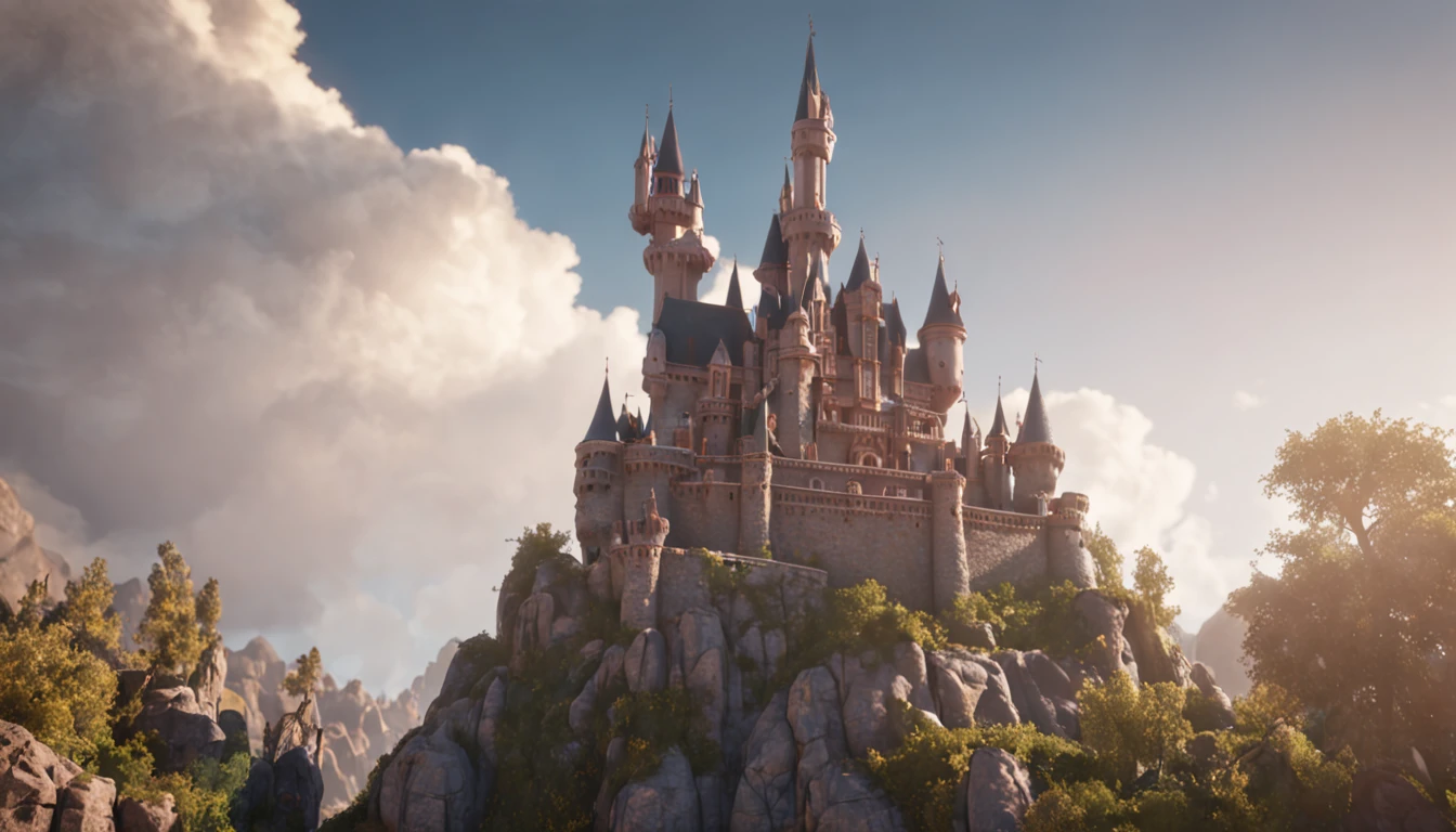 An enchanted castle disney in the clouds , magical, Colourful Black, Gamercore, close-up, Zbrush rendering, Bokeh, Digital painting, mellow colors, surrealism, lens flare lighting, Ultra-realistic, highly detailed, PBR materials, Unity engine, volumetric lighting, 8k