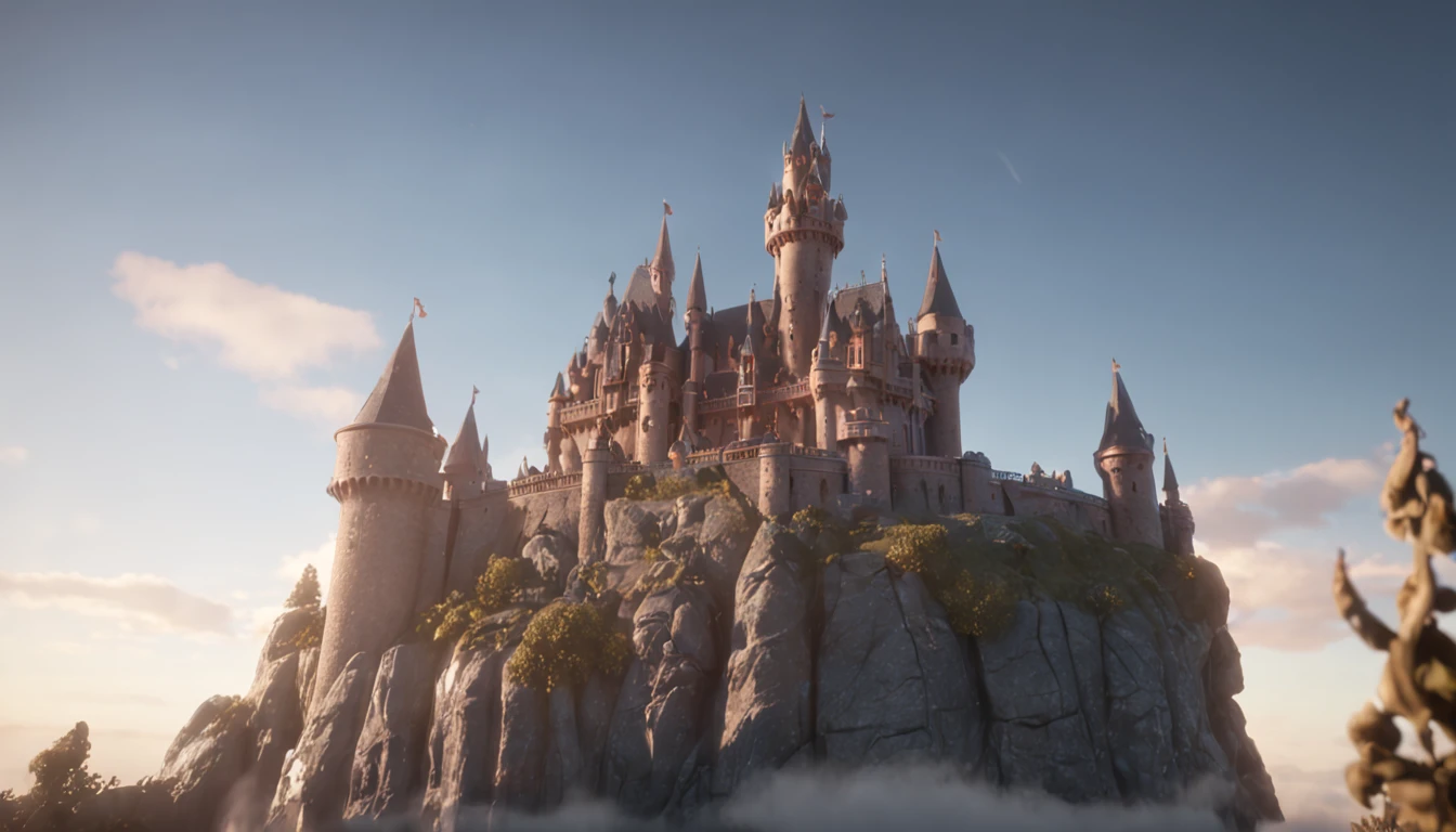 An enchanted castle disney in the clouds , magical, Colourful Black, Gamercore, close-up, Zbrush rendering, Bokeh, Digital painting, mellow colors, surrealism, lens flare lighting, Ultra-realistic, highly detailed, PBR materials, Unity engine, volumetric lighting, 8k