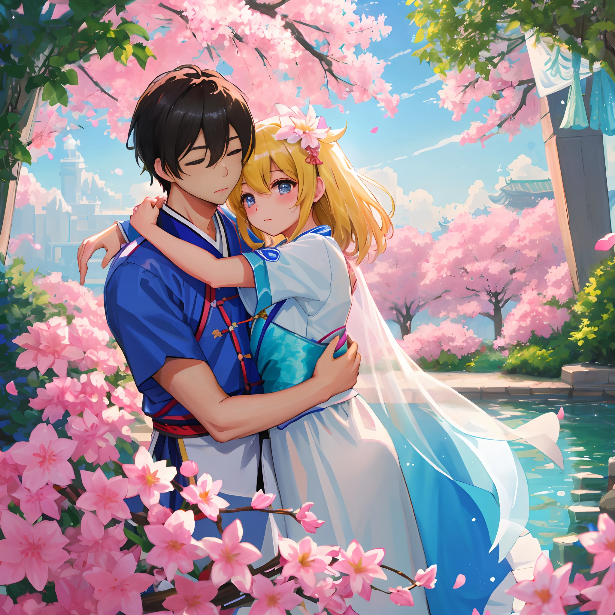 best qualtiy,tmasterpiece,超高分辨率, pixar-style,1 girl and 1 boy hug,wearing a hanfu,(white colors | Blue Hanfu:1.5), Transparent tulle hanfu (1.5), Hug together, Stand in a fantastic fairytale garden ,ray tracing, high detal, 8K,Natural light,Pink dream plant,
