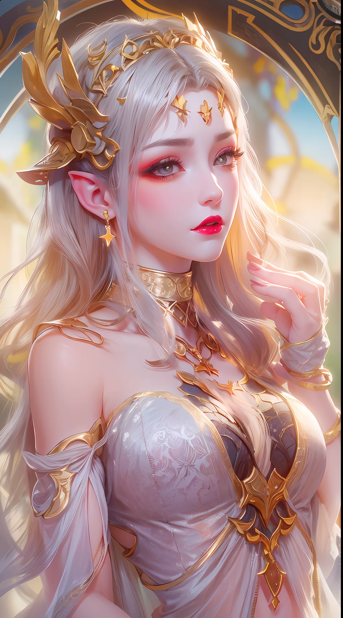 1 20 year old girl, 1 goddess Athena, pink purple silk dress, beautiful goddess Athena face without blemishes, delicate yellow nightgown, long thin sequin nightgown with many sexy black lace details, 1 beautiful thin red silk cloth half veil, female saint legend, female saint icon, beautiful goddess style glitter, dark and mysterious version, vermilion lips, plump red lips, not smiling, mouth closed, delicate and beautiful pino detailing, delicate and beautiful lip detail, , (pure and flawless face: 1.9), female saint body, round chest, big and round breasts, phoenix brooch, long flat bangs, (7-color rainbow hair: 1.9), flower stickers tattoo on forehead, beautiful clear face and well-proportioned eyes, (transparent yellow eyes: 1.8), (big round eyes and makeup, sexy wet eye makeup, very beautiful and meticulous hair makeup, long and delicate blonde hair, delicate, body image: 1.8), figure: and vivid, (stars that make up the sky: 1.7), (the sky of heaven and the fictitious gate of time and space: 1.8), fictional art, RAW photos, hanfu photos, best photos, high resolution, best quality, best photos, best goddess quality, 8k female, super 8 single saint portraits, truest color schemes, masterpieces, best beauty brands, best hair jewelry, brand real photo, dark studio, border light, two-tone lighting, (rose white skin: 1.4), (high skin detail: 1.1), 8k uhd, d slr, soft light, 8k, high quality, candid, volume Smooth and sharp, 10x pixel increase, sexy goddess, sexy goddess, (background space: 1.8), (most beautiful aurora eyes: 1.7), beautiful eyes, aurora beautiful and flowery, (beautiful single girl: 1.8), (more details:0.8),