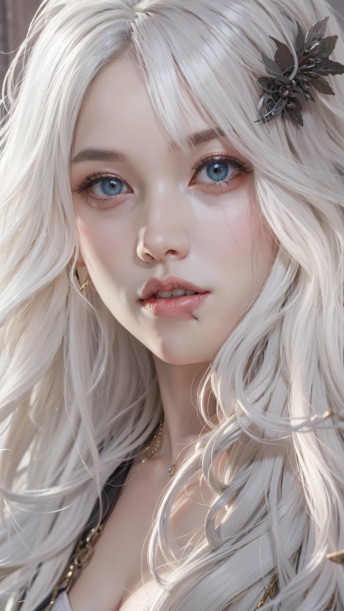 Blonde haired girl，Long white hair posing for photos, an anime drawing by Yang J, Pisif, Digital art, Girl with white hair, Photorealistic anime, Perfect white haired girl, Guviz, a beautiful anime portrait, Stunning anime face portrait, Guviz-style artwork, hyper realistic anime, long  white hair, with long white hair，Super big breasts，exposed。