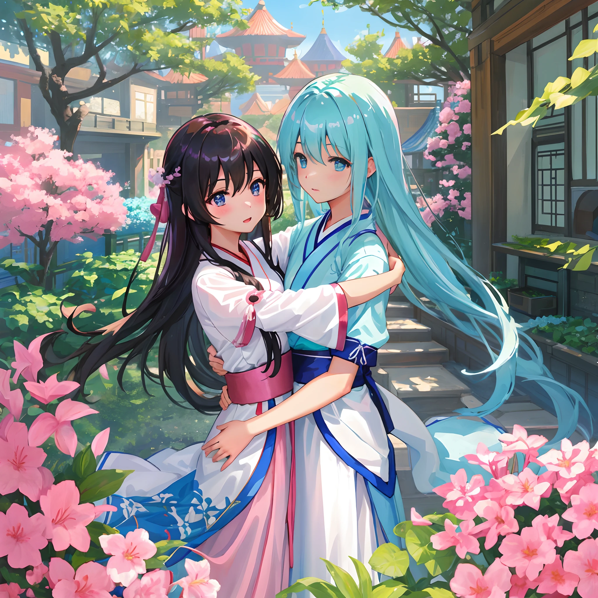 best qualtiy,tmasterpiece,超高分辨率, pixar-style,1 girl and 1 boy hug,wearing a hanfu,(white colors | Blue Hanfu:1.5), Transparent tulle hanfu (1.5), Hug together, Stand in a fantastic fairytale garden ,ray tracing, high detal, 8K,Natural light,Pink fantasy plants,Loft in the distance