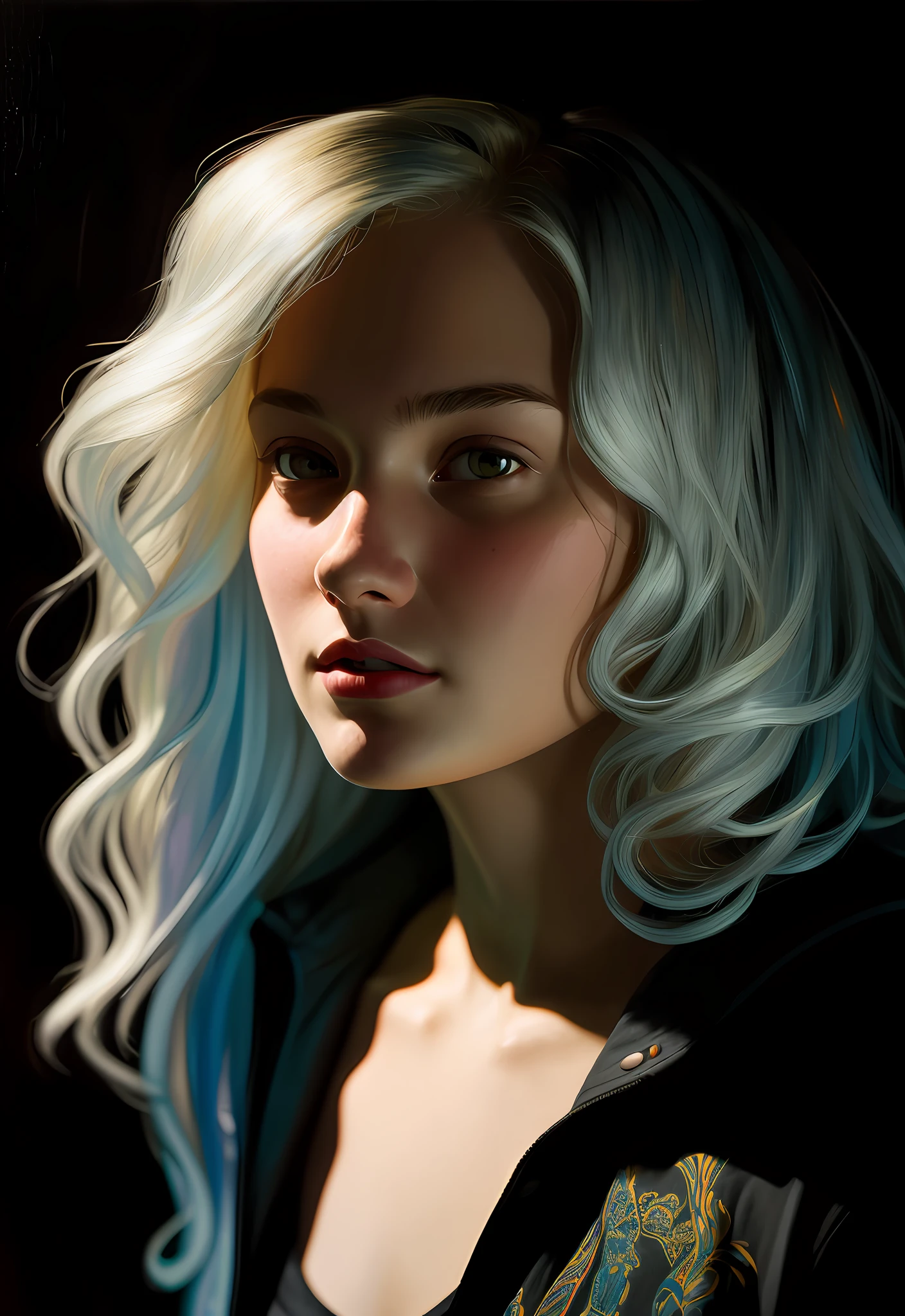 (front focus), (in the dark:1.6), Hyperrealist portrait of female by david hockney and alphonse mucha, fantasy art, photo realistic, dynamic lighting, artstation, poster, volumetric lighting, very detailed faces, 4 k, award winning, 1girl, in the dark, deep shadow, low key, cowboy shot, (official clothing:1.4), long hair, white hair