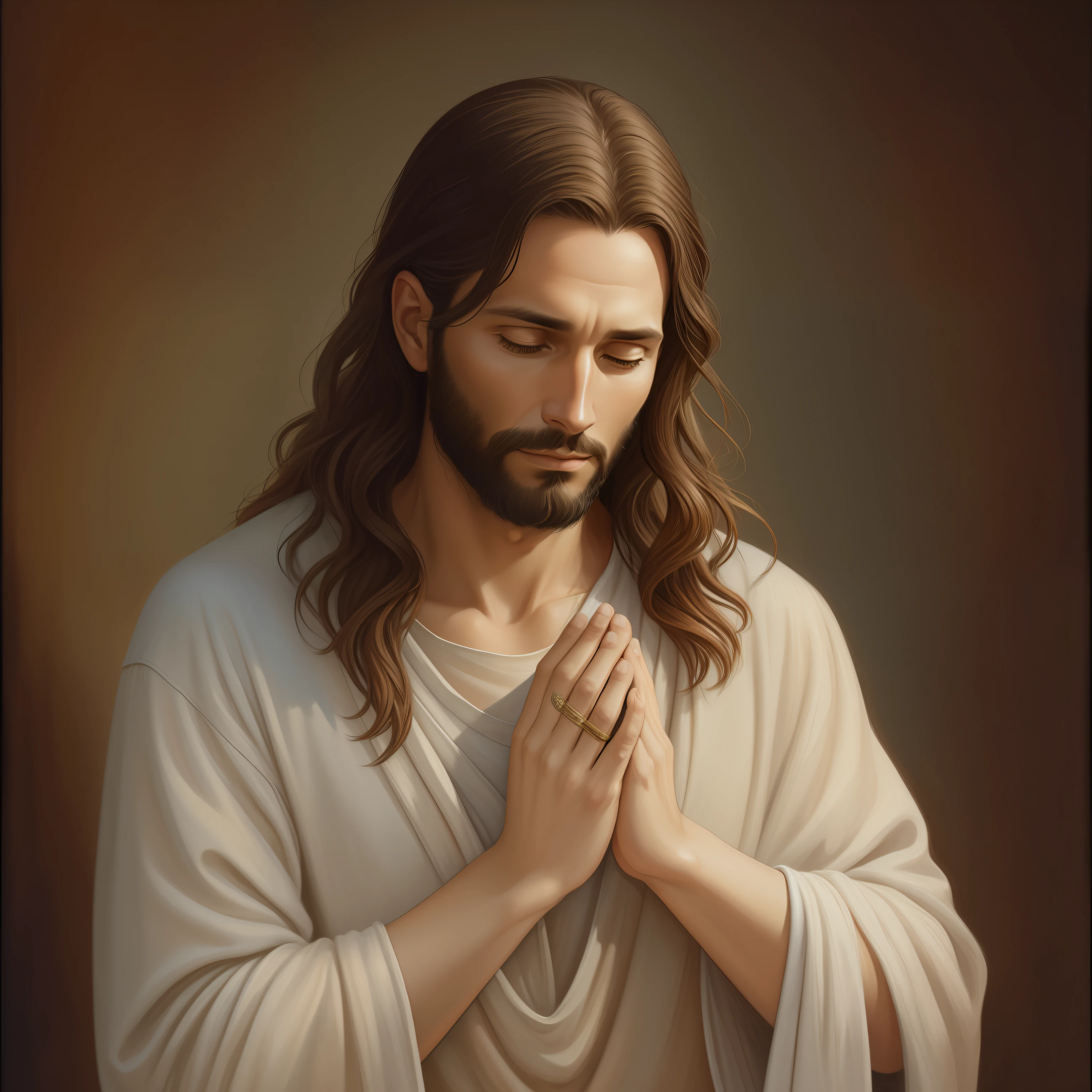 A beautiful ultra-thin realistic portrait of Jesus, the prophet, a man 33 years old Hebrew brunette, short brown hair, long brown beard, wearing long linen tunic closed on the chest part, in front view, full body, biblical, realistic,by Diego Velázquez,Peter Paul Rubens,Rembrandt,Alex Ross,8k, Concept Art, PhotoRealistic, Realistic, Illustration, Oil Painting, Surrealism, HyperRealistic, pray , Digital art, style, watercolor, natural background, Praying ( Blessing woman)