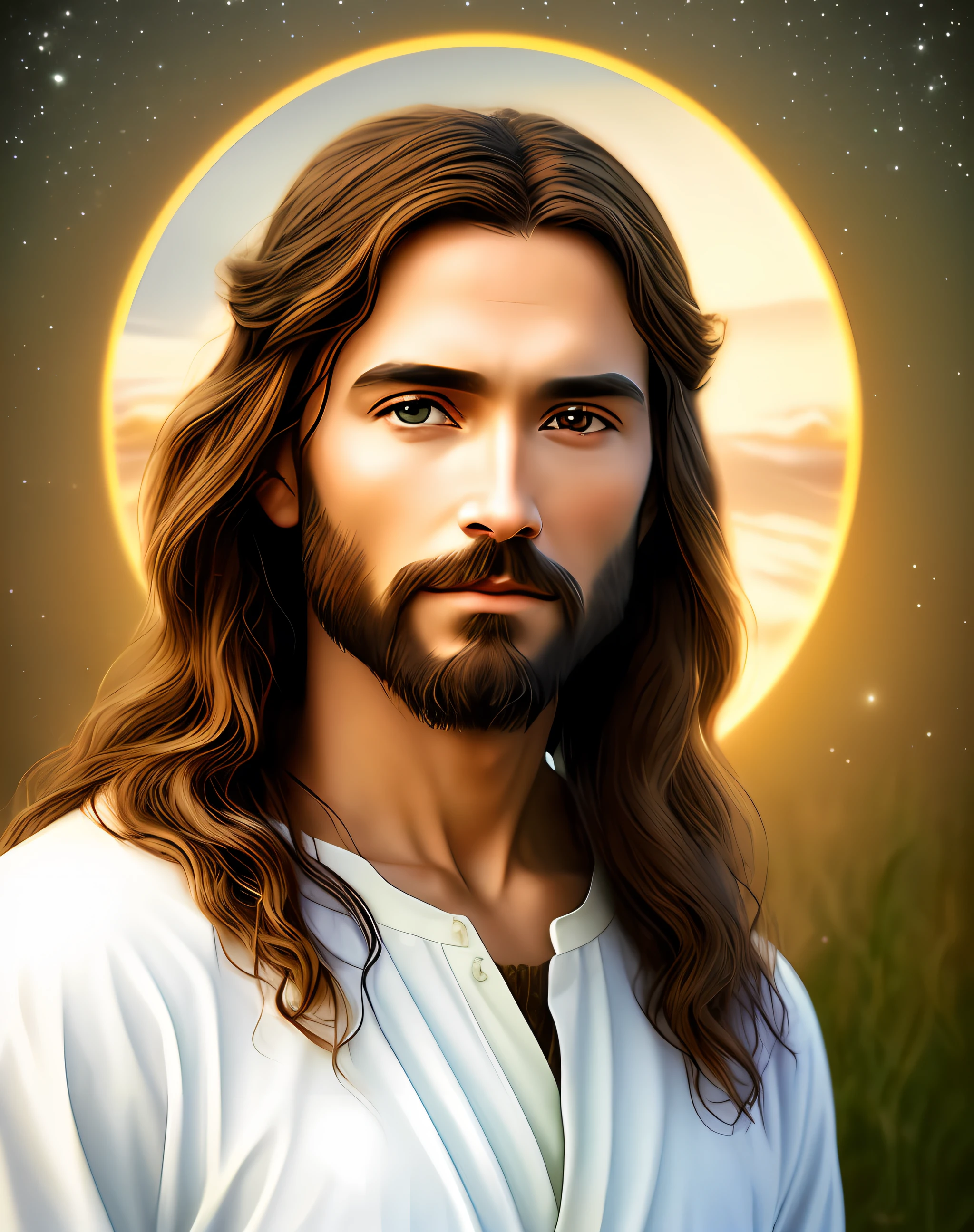 Create a unique realistic photograph of Jesus Christ that depicts the beauty, serenity, and divinity of Jesus. Create art that touches hearts and inspires a deep spiritual connection