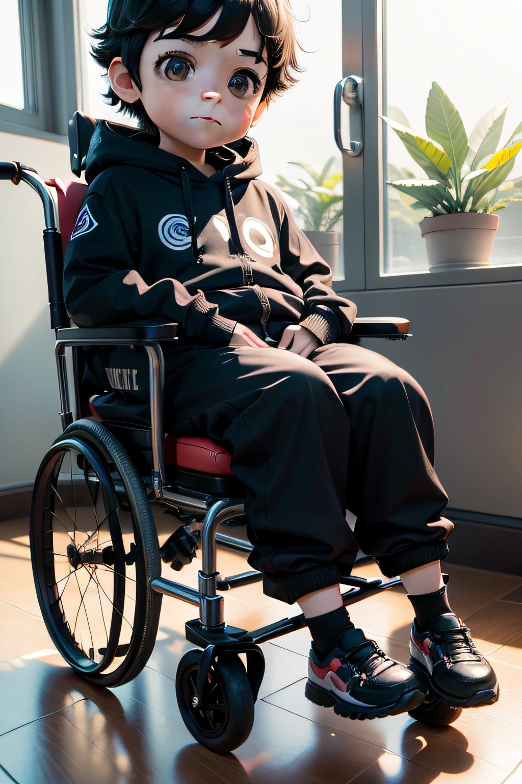 Super cute little boy in wheelchair full body 3D image, 1pc, good eyes looking, big eyes, cute, happy, c4d, pop matt blind box, short black hair, at clasroom school, solid color background, chibi, translucidez fluorescente, corpo luminoso, kawaii, (((menino cadeira de rodas))), reference table, caixa cega pop mart, Pixar, detalhes complexos, 3D-rendering, renderizador OC, FOL body reference sheet, Drible, Detalhes Altos, 8K, studio illumination, Loli, Petite, barnet, Chibi, SD personagens: 1.1
