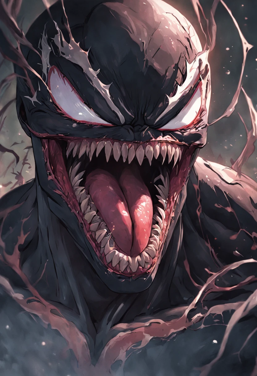 The venom exposes half of the host,Marvel Venom,head portrait,Close-up,of a real,Facial features are carefully depicted,Realistic skin texture,Dark style,depth of fields,high light,Real light,Ray traching,oc rendered,Hyper-realistic,best qualtiy,8K,Works of masters,super-fine,Detailed pubic hair,Correct anatomy,sharp focus on eyes,Bokeh,Facial features are carefully depicted
