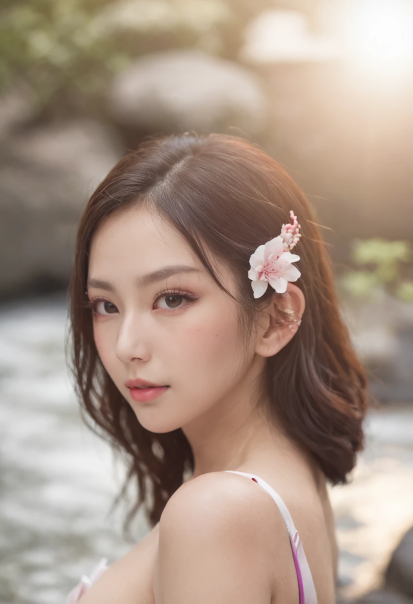 Onsen Girl,Strong sense of atmosphere,White Skin Skin,Good lighting,4k画质,Delicate bra,Nice swimsuit,Peerless beauty,Pink and purple blending,Pure desire,Fine lashes,Cute red lips,Sunlight shines,Brunette playful,Big eyes and long eyelashes,Perfect eyebrow shape,Princess temperament,The collarbone is slightly exposed,Small dimples on the cheeks,full body pov,High-quality masterpieces,Pure realism style,Brilliant light and shadow,A masterpiece。