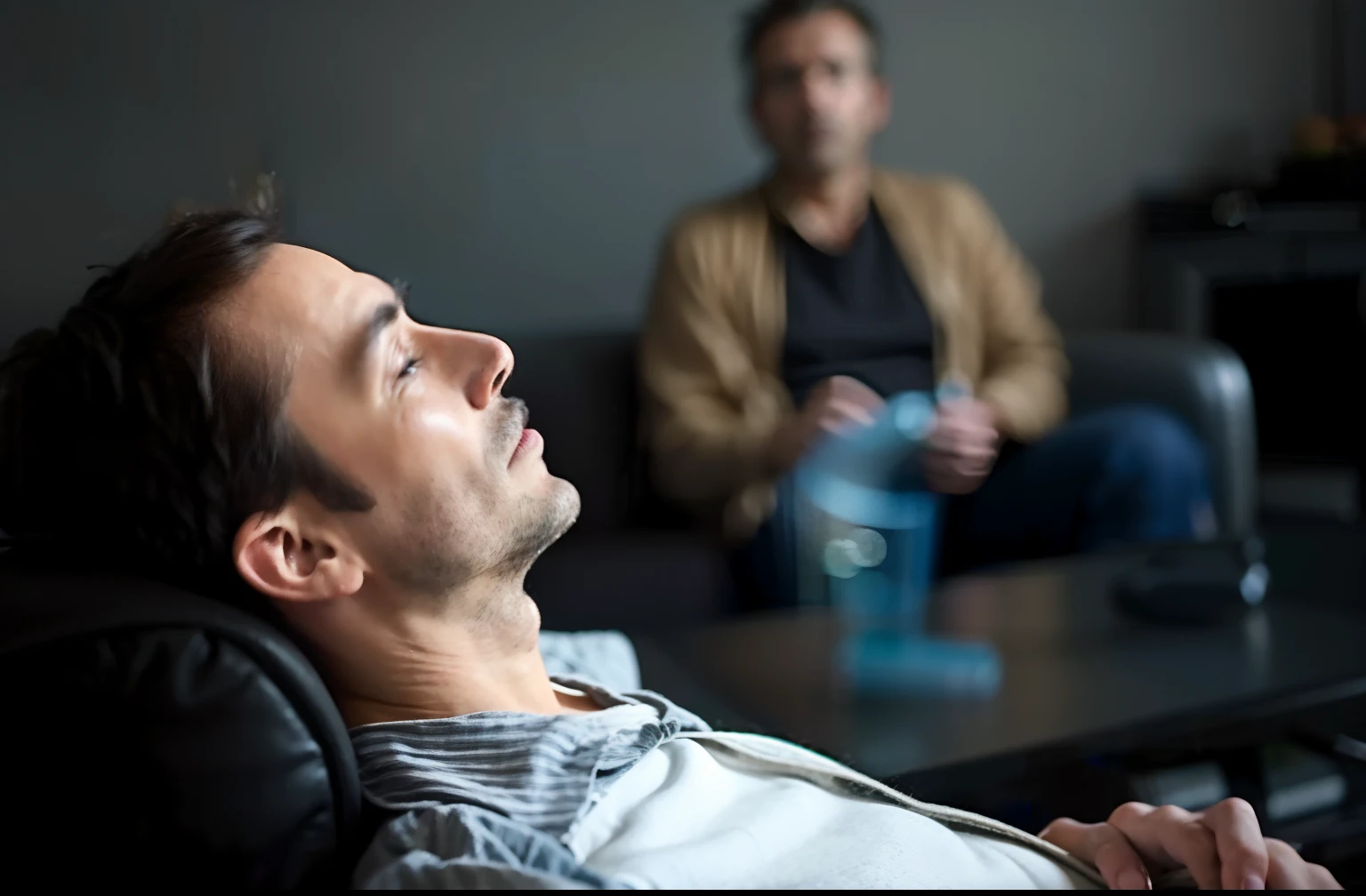 homem sentado em uma cadeira assistindo TV enquanto outro homem se senta em uma cadeira, homem sentado de frente para longe, pessoa em primeiro plano, looking across the shoulder, foto ainda, homem triste, homens tristes, TV ainda, hipnose, Homem na casa dos 30 anos, foto", tomar drogas que alteram a mente, sua mente contemplando a eternidade, foto - shot, psychedelic therapy, feeling calm