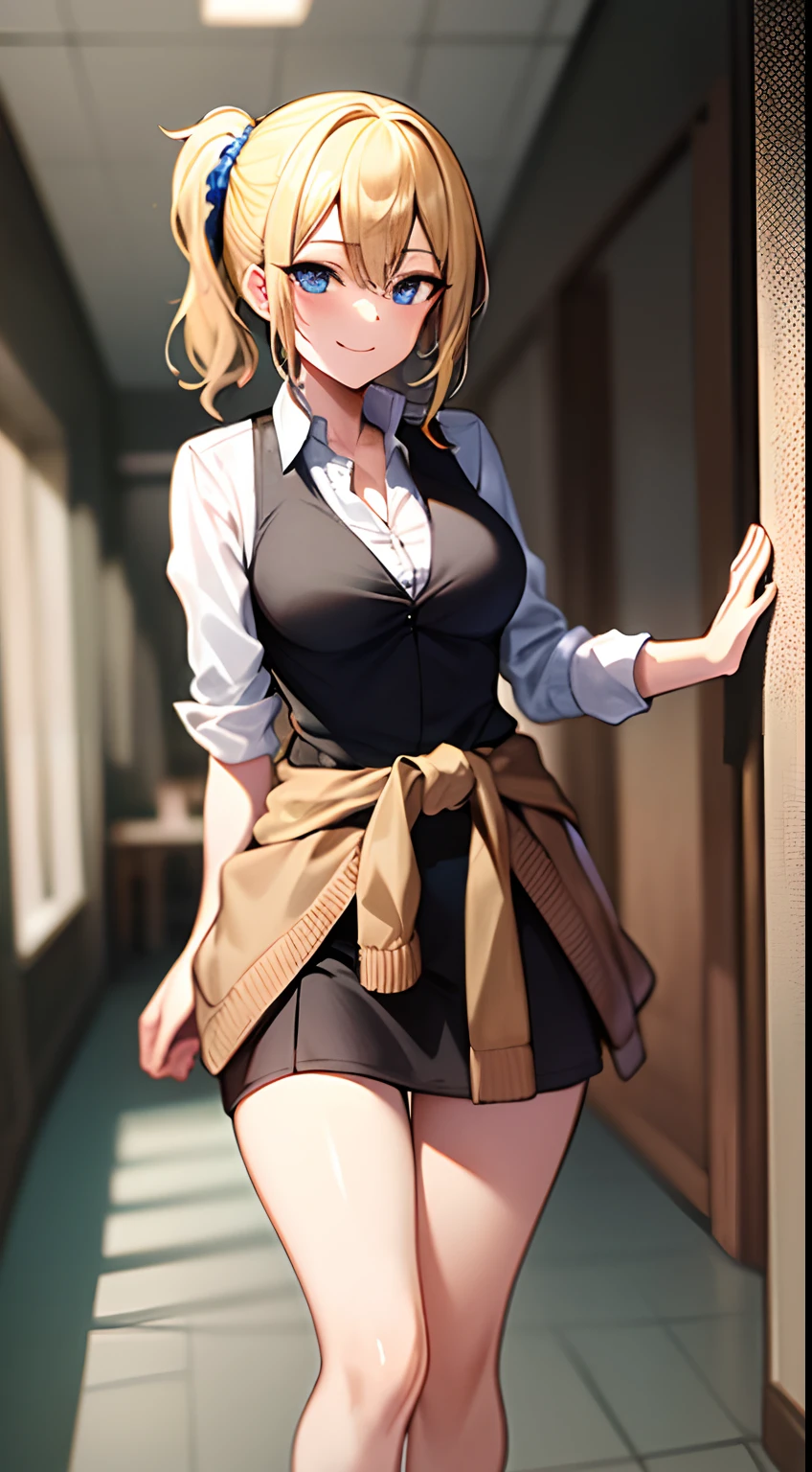 2d, masterpiece, best quality, anime, highly detailed, cowboy shot, 1girl, solo, hayasaka ai, blue eyes, blonde hair, black dress, white shirt, cardigan around waist, blue scrunchie, standing, indoors, hallway, smile