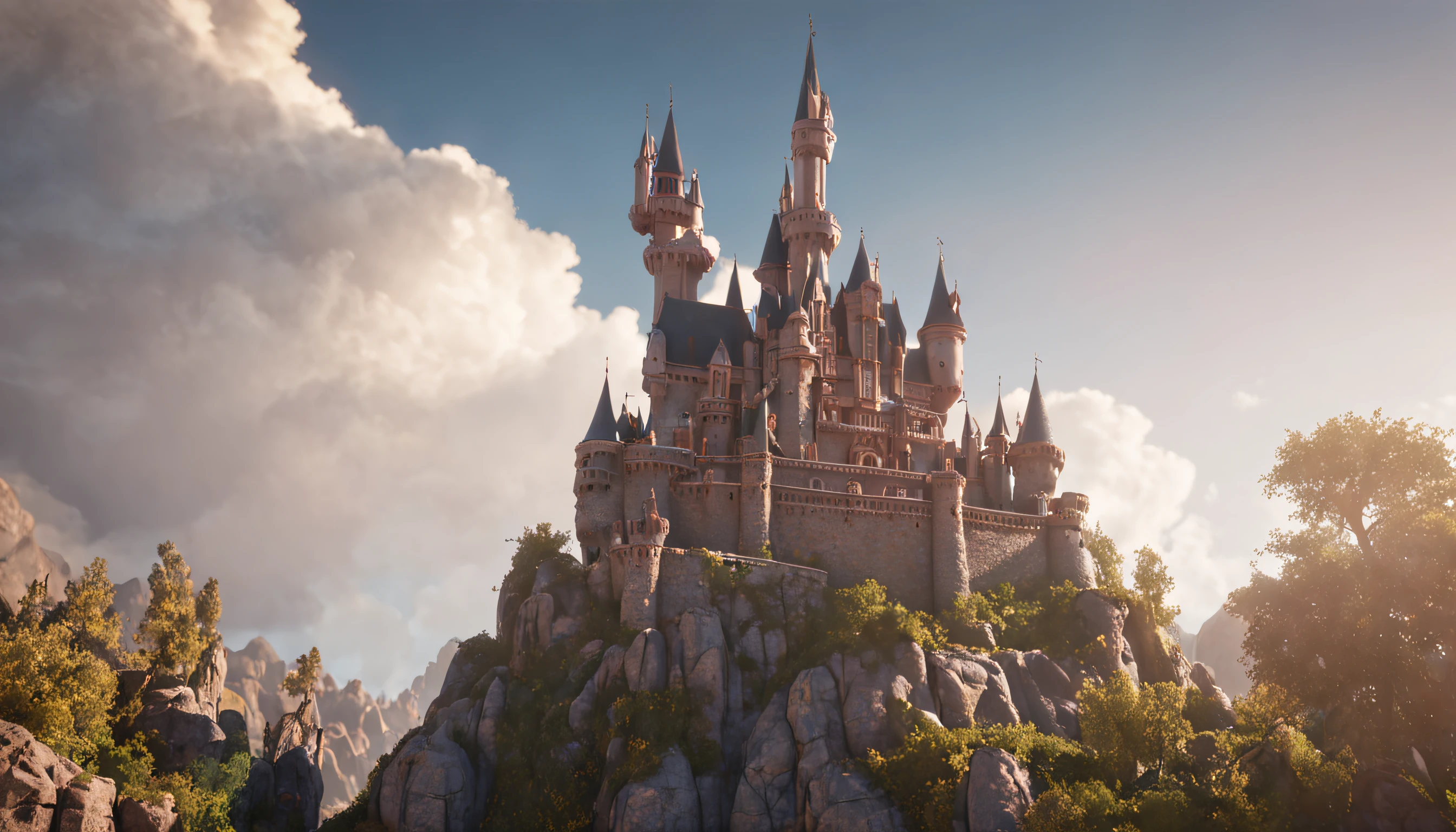 An enchanted castle disney in the clouds , magical, Colourful Black, Gamercore, close-up, Zbrush rendering, Bokeh, Digital painting, mellow colors, surrealism, lens flare lighting, Ultra-realistic, highly detailed, PBR materials, Unity engine, volumetric lighting, 8k