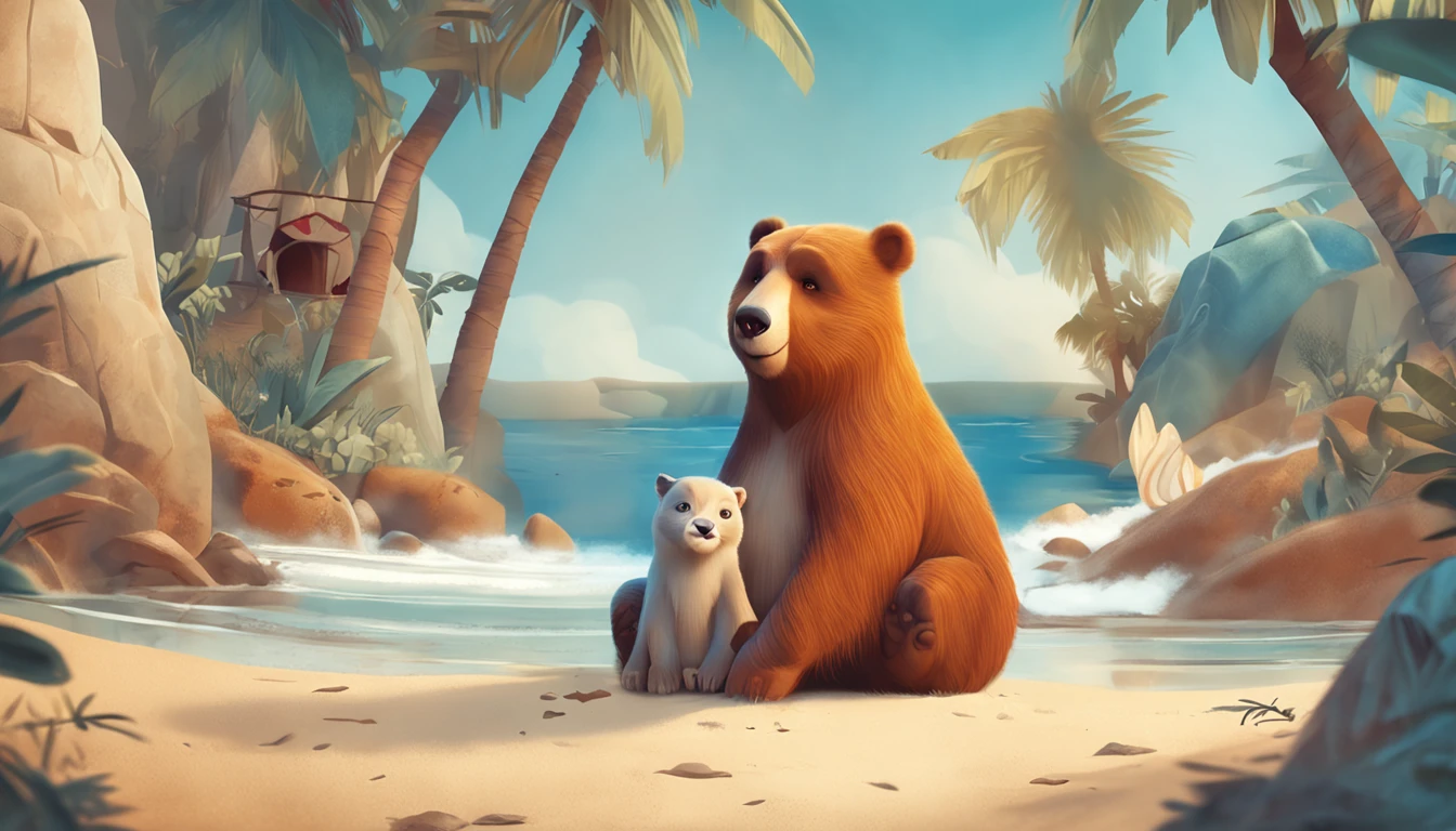 crie um urso na beira da praia , com uma bola azul e um gatinho branco ao lado, estilo desenho para livro infantil