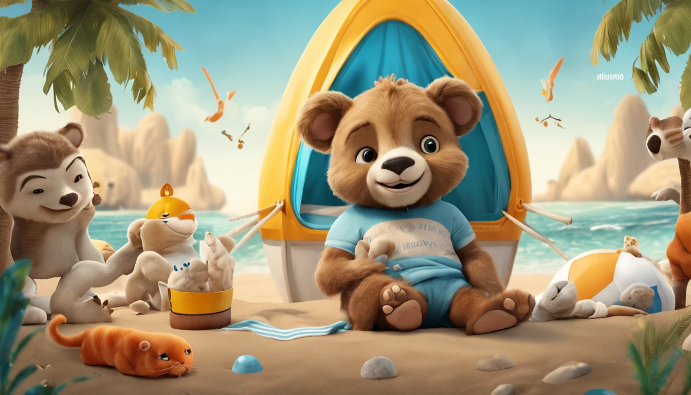 crie um urso na beira da praia , com uma bola azul e um gatinho branco ao lado, estilo desenho para livro infantil