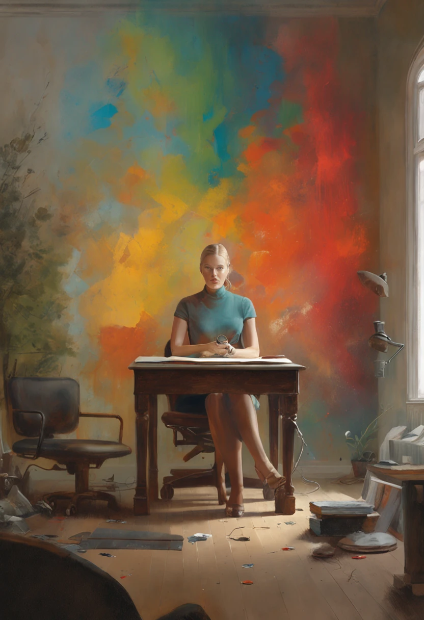 powerful woman sitting in space, portrait shot, by Drew Tucker, by Adam Marczyński, by Alexander Kucharsky, sitting at his desk, by Gavin Nolan, surrealism 8k, by Jason Felix, yuri shwedoff and tom bagshaw, illustrative art, erik johansson style