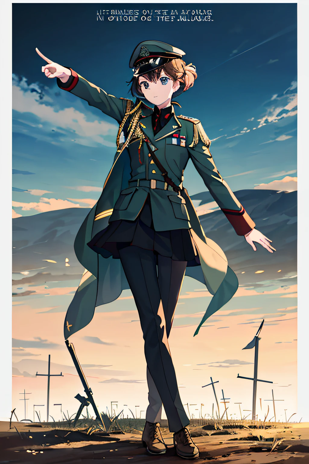 In the middle of the poster stands a girl，Dressed in her military uniform, she solemnly pointed to the vast expanse of land ahead，Look at the battlefield in the distance，In the middle of the poster is a conscription slogan