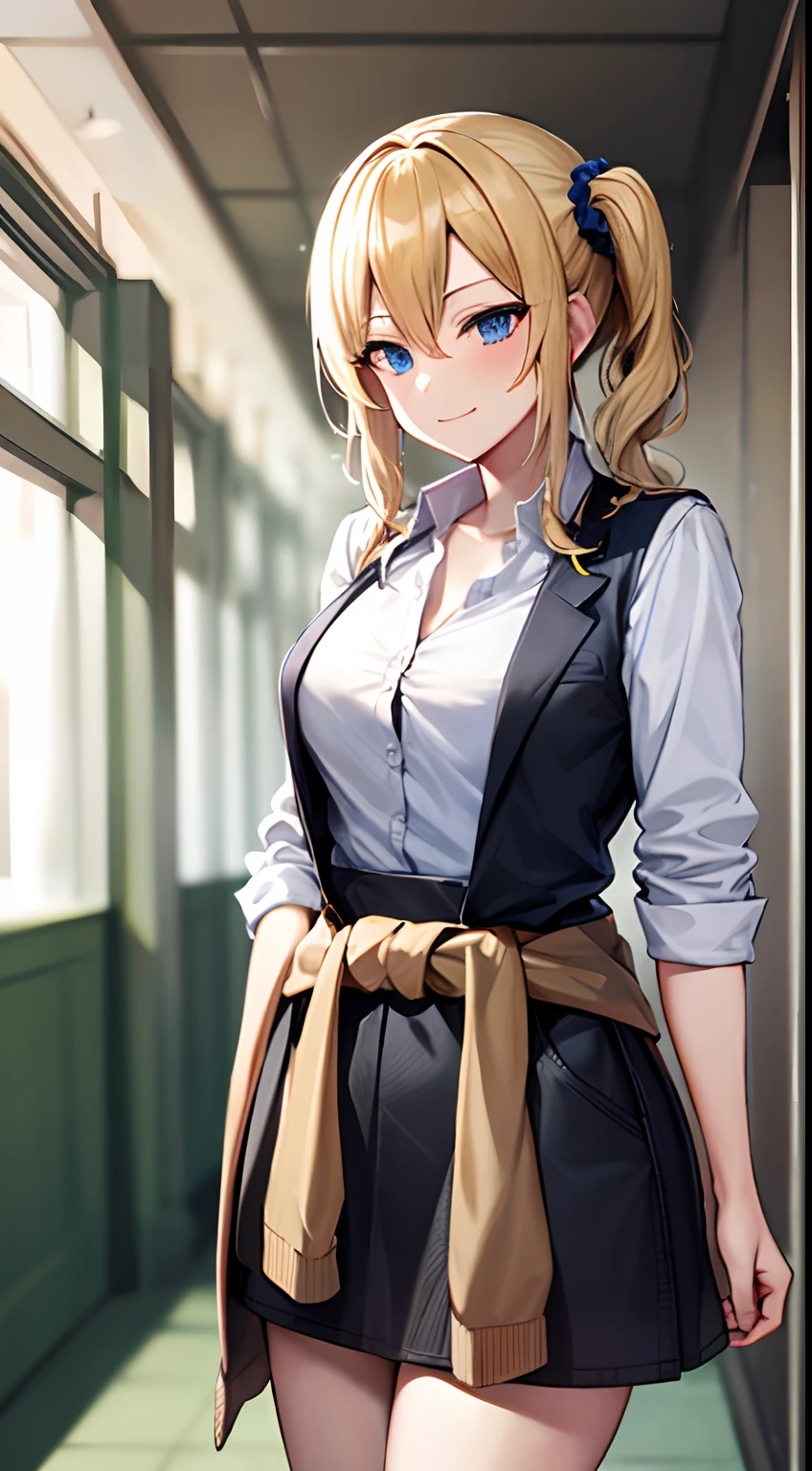 2d, masterpiece, best quality, anime, highly detailed, cowboy shot, 1girl, solo, hayasaka ai, blue eyes, blonde hair, black dress, white shirt, cardigan around waist, blue scrunchie, standing, indoors, hallway, smile