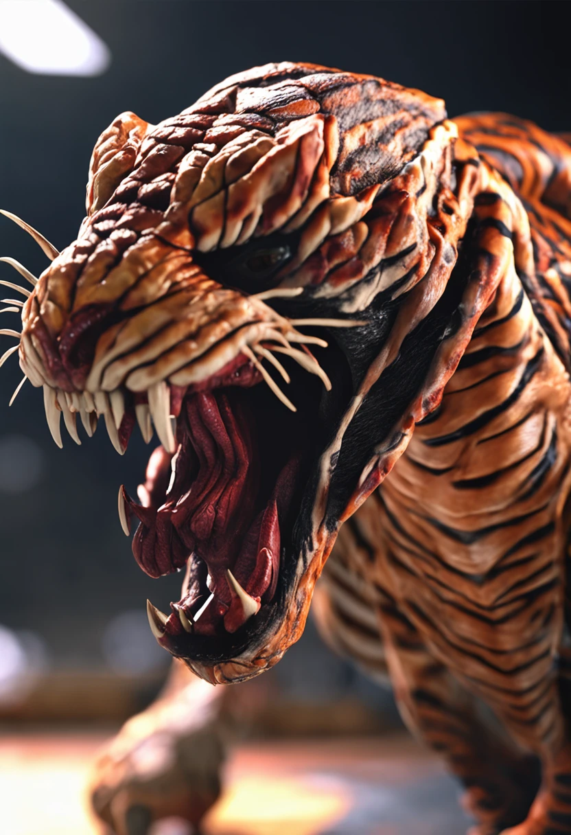 Roaring venom,Marvel Venom as Tiger,head portrait,Close-up,of a real,Facial features are carefully depicted,Realistic skin texture,Dark style,depth of fields,high light,Real light,Ray traching,oc rendered,Hyper-realistic,best qualtiy,8K,Works of masters,super-fine,Detailed pubic hair,Correct anatomy,sharp focus on eyes,Bokeh,Facial features are carefully depicted