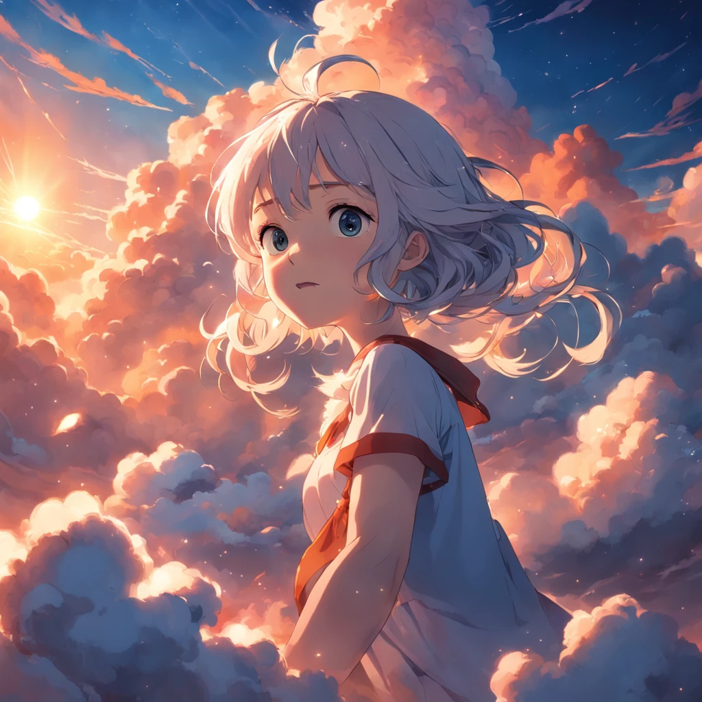 masterpiece, best quality, movie still, 1girl, cloud girl, floating in the sky, close-up, bright, happy, warm soft lighting, sunset, (sparks:0.7)