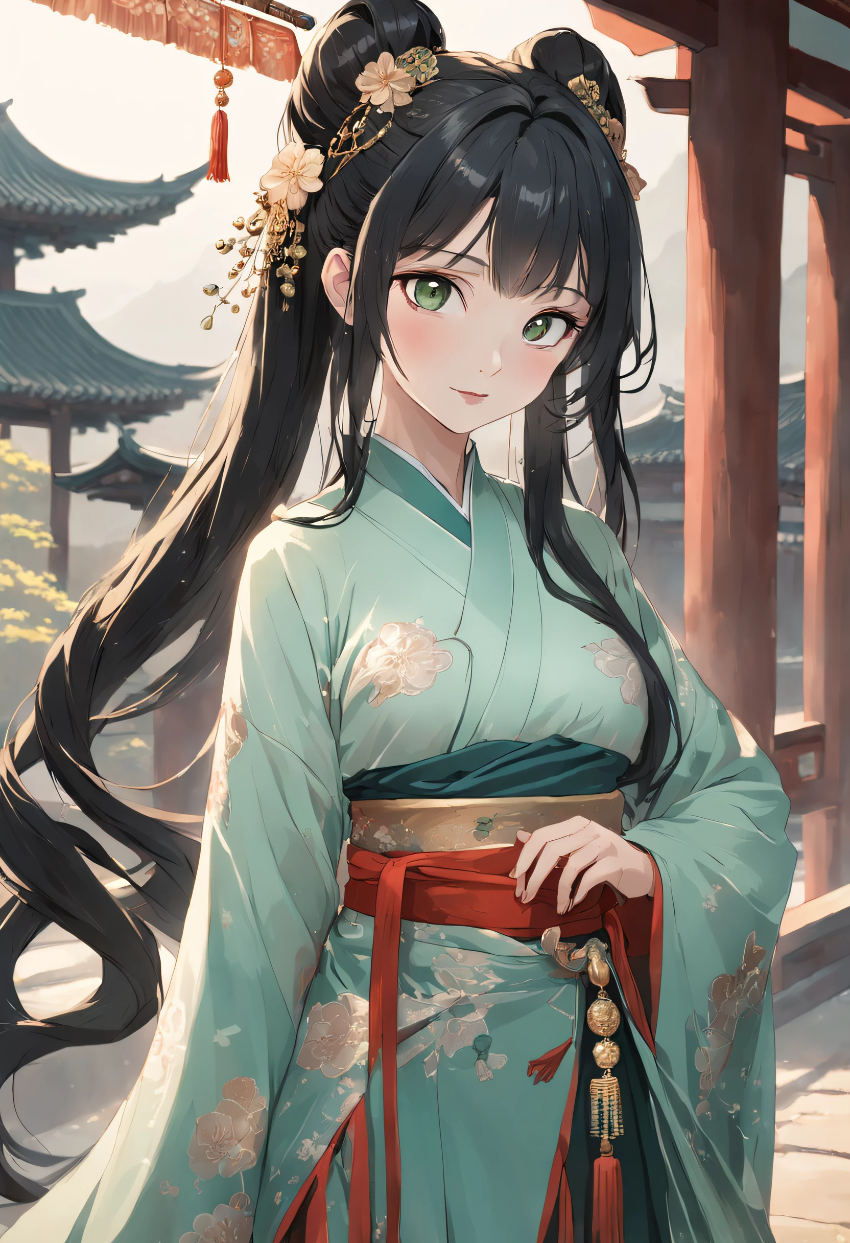 Ancient Hanfu，Dunhuang long dress，Dunhuang style，Wide robe with large sleeves，Step shake，Hairpins，Ming subdued Han uniform，Ming dynasty green floor makeup flower python skirt，Whole body diagram，head to toe，Bunched hair，crown of head，Hanfu，heroic look，Cold and glamorous，Indifferent eyes，Extremely beautiful，Handsome，Mature woman，Noble temperament，beautiful and seductive，Peerless beauty，Fine，perfect bodies，hair adornments，long whitr hair，Absolutely beautiful，Black belly，Smile，the detail，Perfect details，Detail portrayal，
