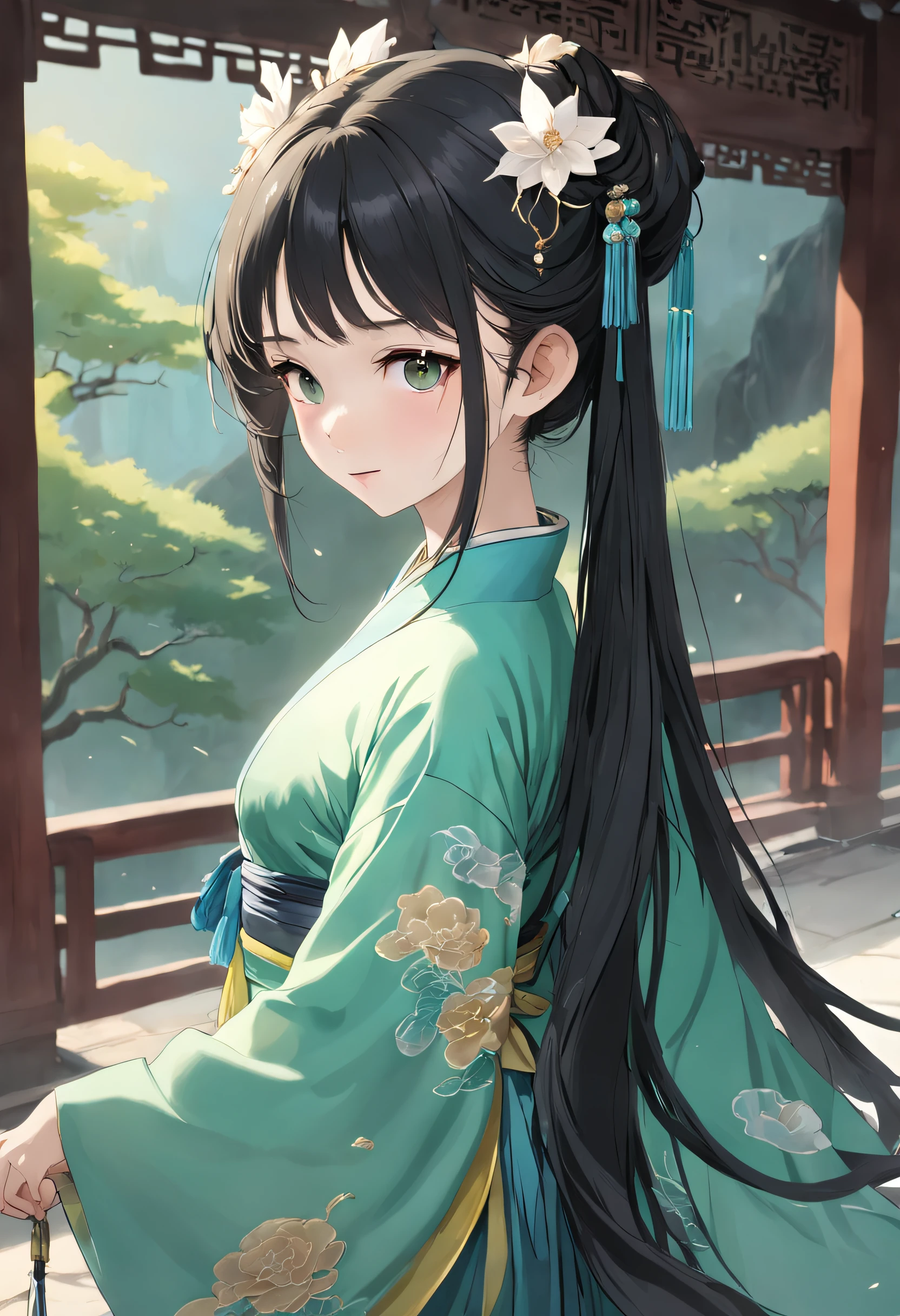 Ancient Hanfu,Dunhuang long dress,Dunhuang style,Wide robe with large sleeves,Step shake,Hairpins,Ming subdued Han uniform,Ming dynasty green floor makeup flower python skirt,Whole body diagram,head to toe,Bunched hair,crown of head,Hanfu,heroic look,Cold and glamorous,Indifferent eyes,Extremely beautiful,Handsome,Mature woman,Noble temperament,beautiful and seductive,Peerless beauty,Fine,perfect bodies,hair adornments,long whitr hair,Absolutely beautiful,Black belly,Smile,the detail,Perfect details,Detail portrayal,