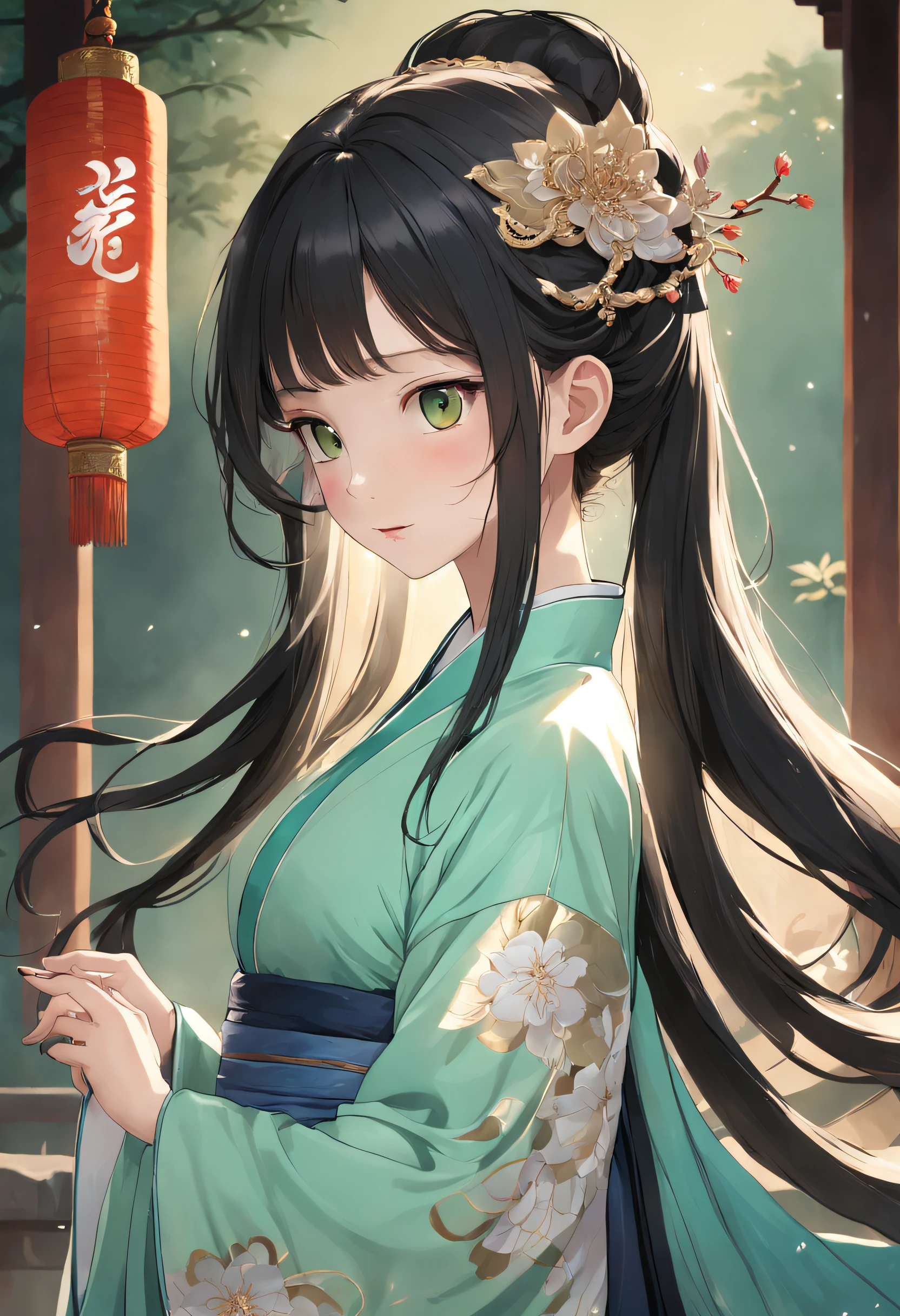 Ancient Hanfu,Dunhuang long dress,Dunhuang style,Wide robe with large sleeves,Step shake,Hairpins,Ming subdued Han uniform,Ming dynasty green floor makeup flower python skirt,Whole body diagram,head to toe,Bunched hair,crown of head,Hanfu,heroic look,Cold and glamorous,Indifferent eyes,Extremely beautiful,Handsome,Mature woman,Noble temperament,beautiful and seductive,Peerless beauty,Fine,perfect bodies,hair adornments,long whitr hair,Absolutely beautiful,Black belly,Smile,the detail,Perfect details,Detail portrayal,