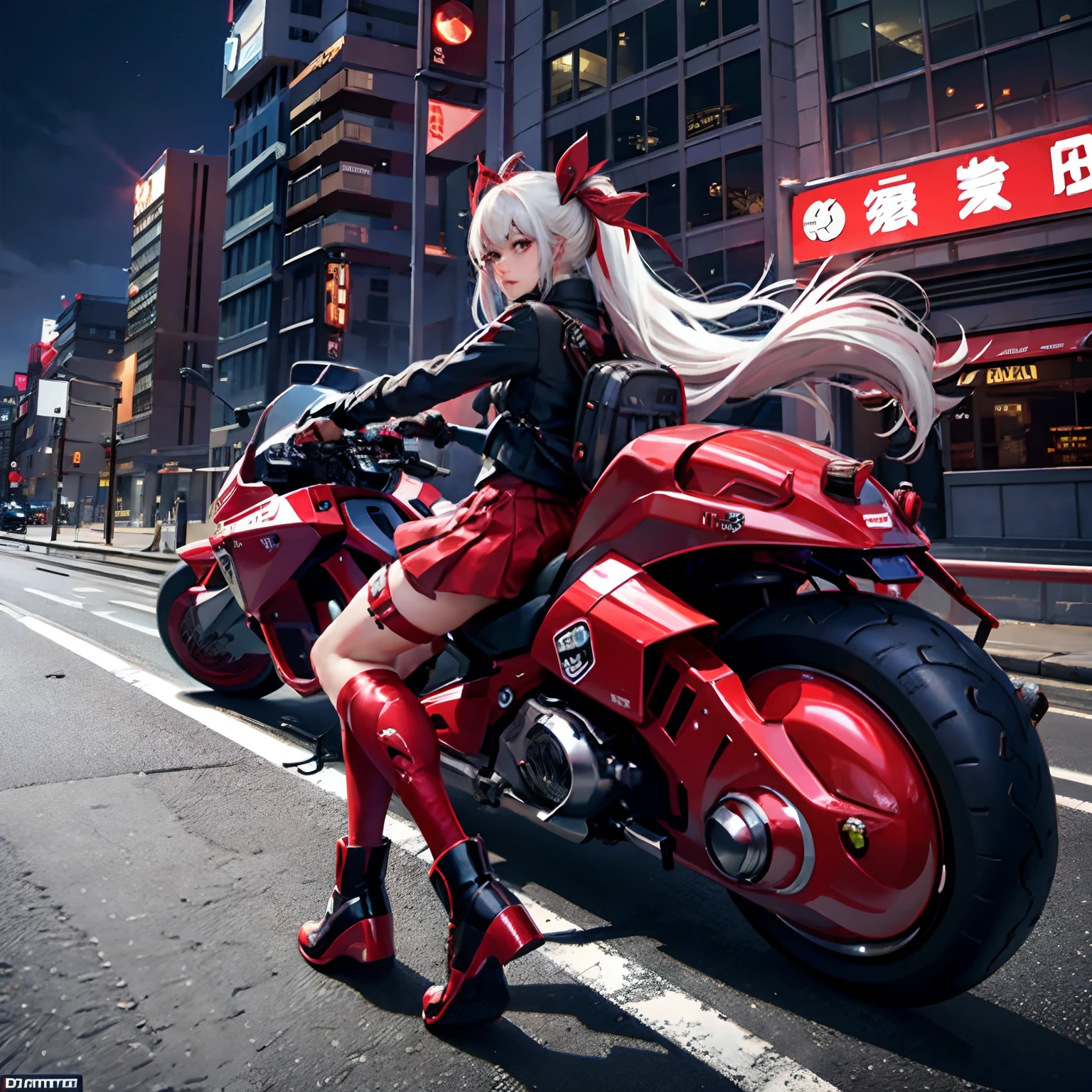 official art, unity 8k wallpaper, ultra detailed, beautiful and aesthetic, masterpiece, best quality, realistic, horns, blush, long hair, white hair, streaked hair, red eyes, hair bow, mole under eye,  red akirabike, riding bike, night, cyberpunk city view, epic screen, school uniform,