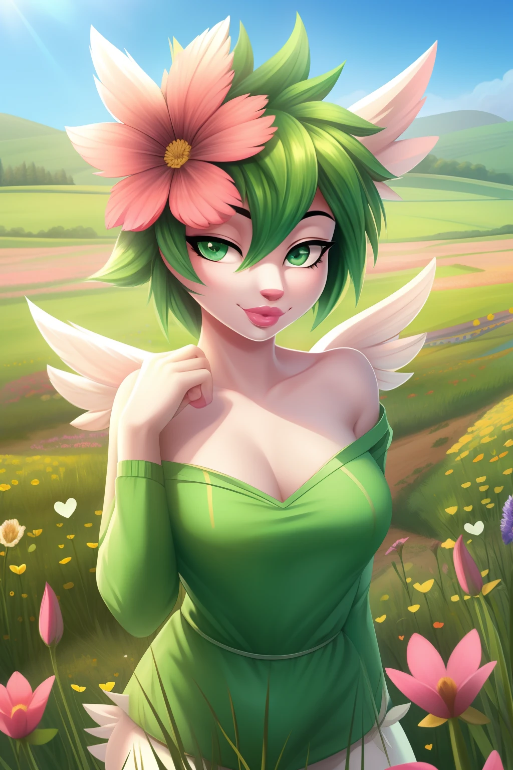 masterpiece, best quality, 8k, Sexy shaymin, tomboy hair, furry art, anthropomorphic Pokémon, medium breasts, green eyes, (perfect eyes), (perfect lips), (detailed eyes), meadow, field of flowers, bedroom eyes, hearts eyes, aroused, white wings, pink lipstick, detailed lips, pink flower in hair