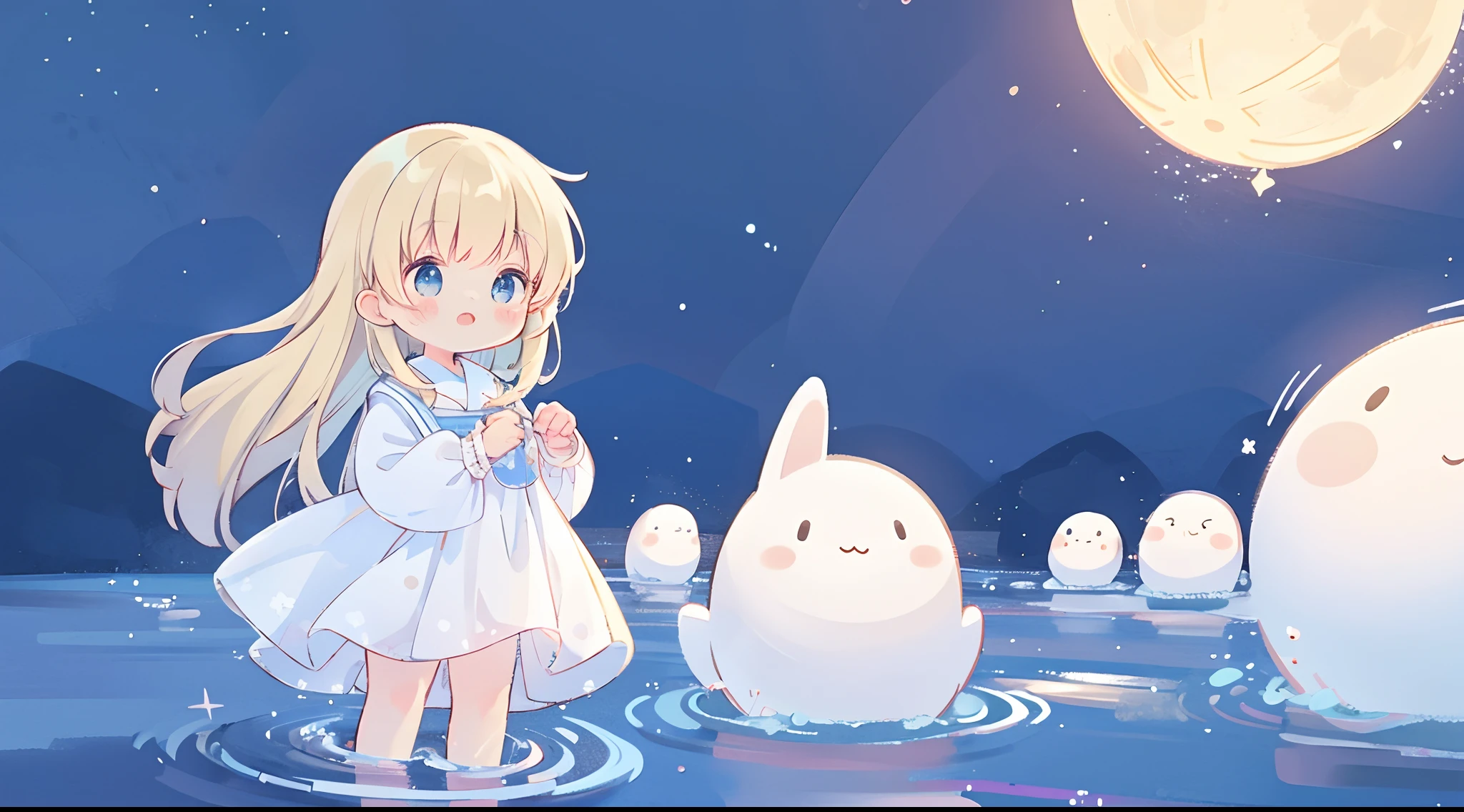 Top Quality, Masterpiece, Ultra High Resolution, Pretty Facial Features, Flat Design, Shoshi no Ko, Hoshino Ai, simple background, giant stars, ziyu, colorful, cute girl walking on water, starry sky in background, huge full moon, water ripples, beautiful simple flowing white dress