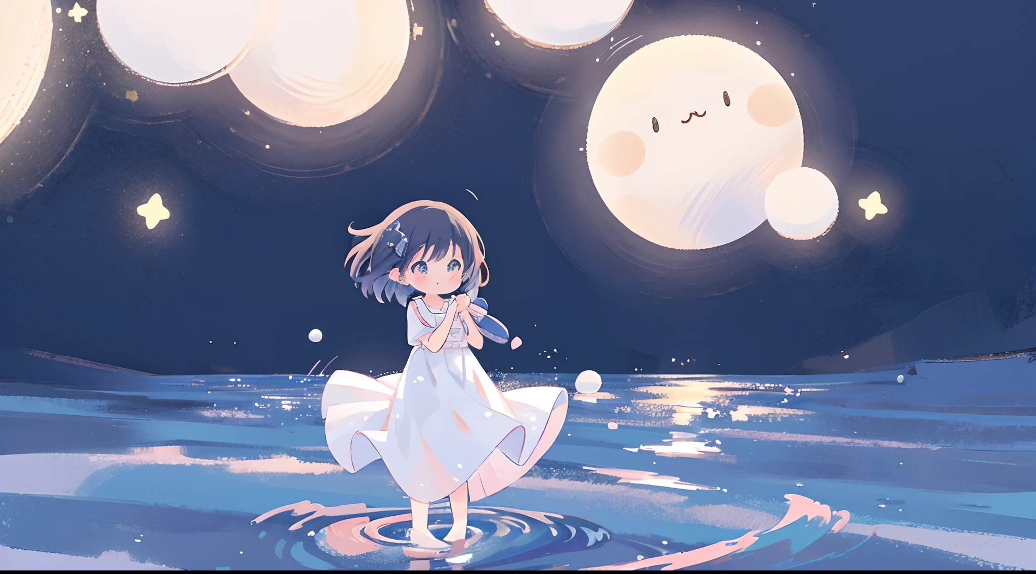 Top Quality, Masterpiece, Ultra High Resolution, Pretty Facial Features, Flat Design, Shoshi no Ko, Hoshino Ai, simple background, giant stars, ziyu, colorful, cute girl walking on water, starry sky in background, huge full moon, water ripples, beautiful simple flowing white dress