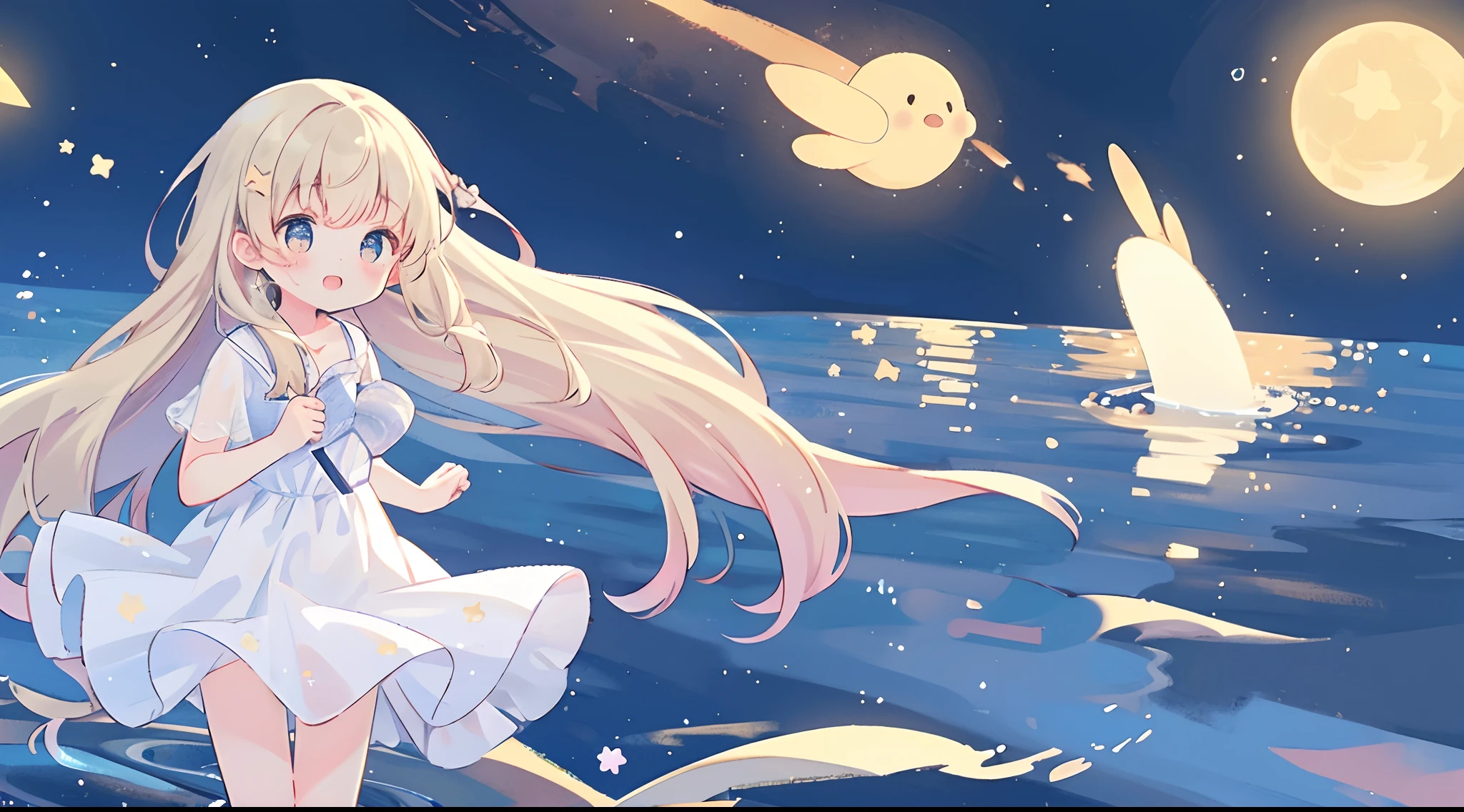 Top Quality, Masterpiece, Ultra High Resolution, Pretty Facial Features, Flat Design, Shoshi no Ko, Hoshino Ai, simple background, giant stars, ziyu, colorful, cute girl walking on water, starry sky in background, huge full moon, water ripples, beautiful simple flowing white dress